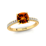 Citrine Square Cushion Under Halo Diamonds Thin Ring with Diamond Band - GeumJewels