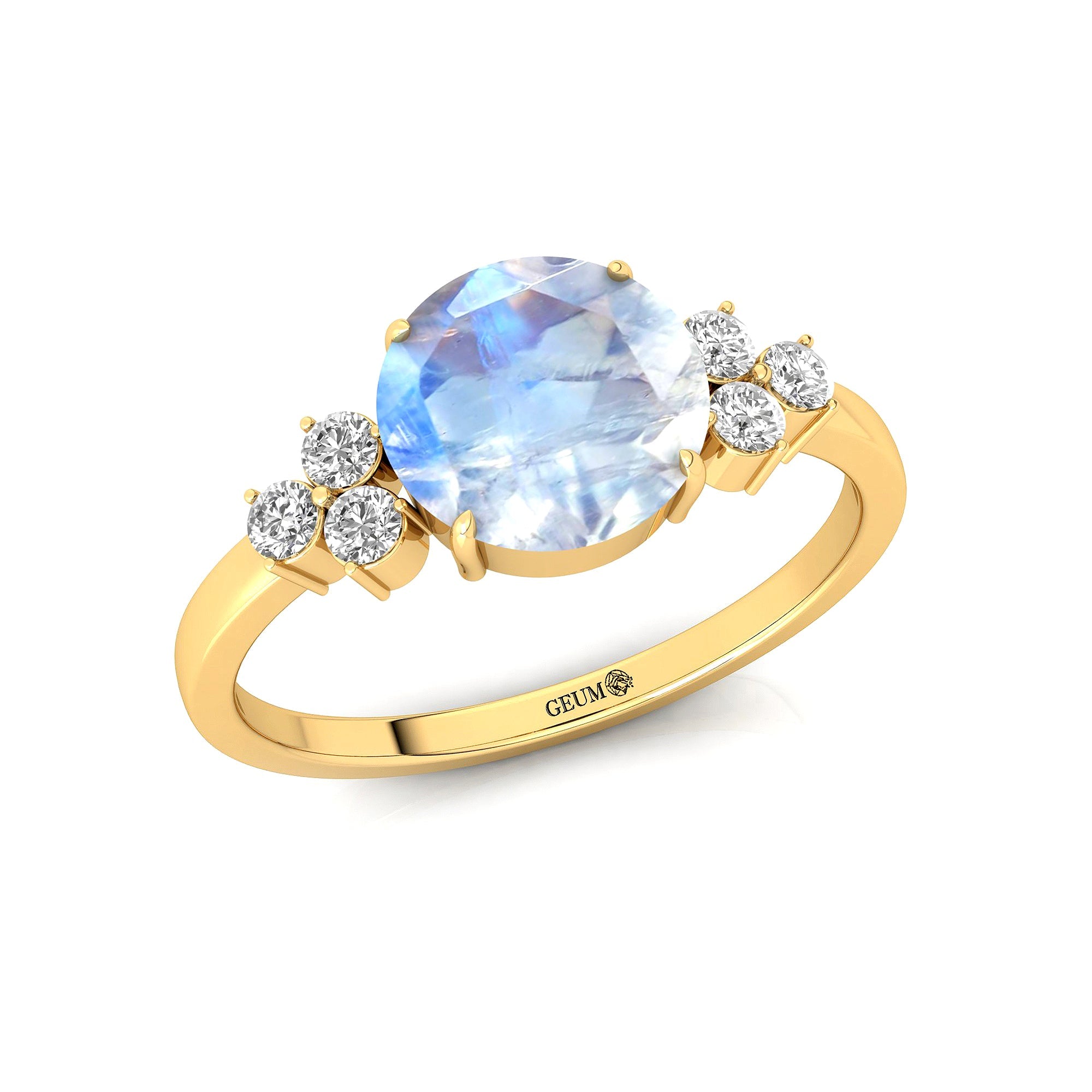 Trio Diamond Engagement Ring with Round Solitaire Moonstone - GeumJewels