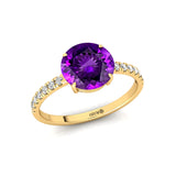 Classic Six Prong Round Solitaire Amethyst Ring with Accent Diamond Band - GeumJewels