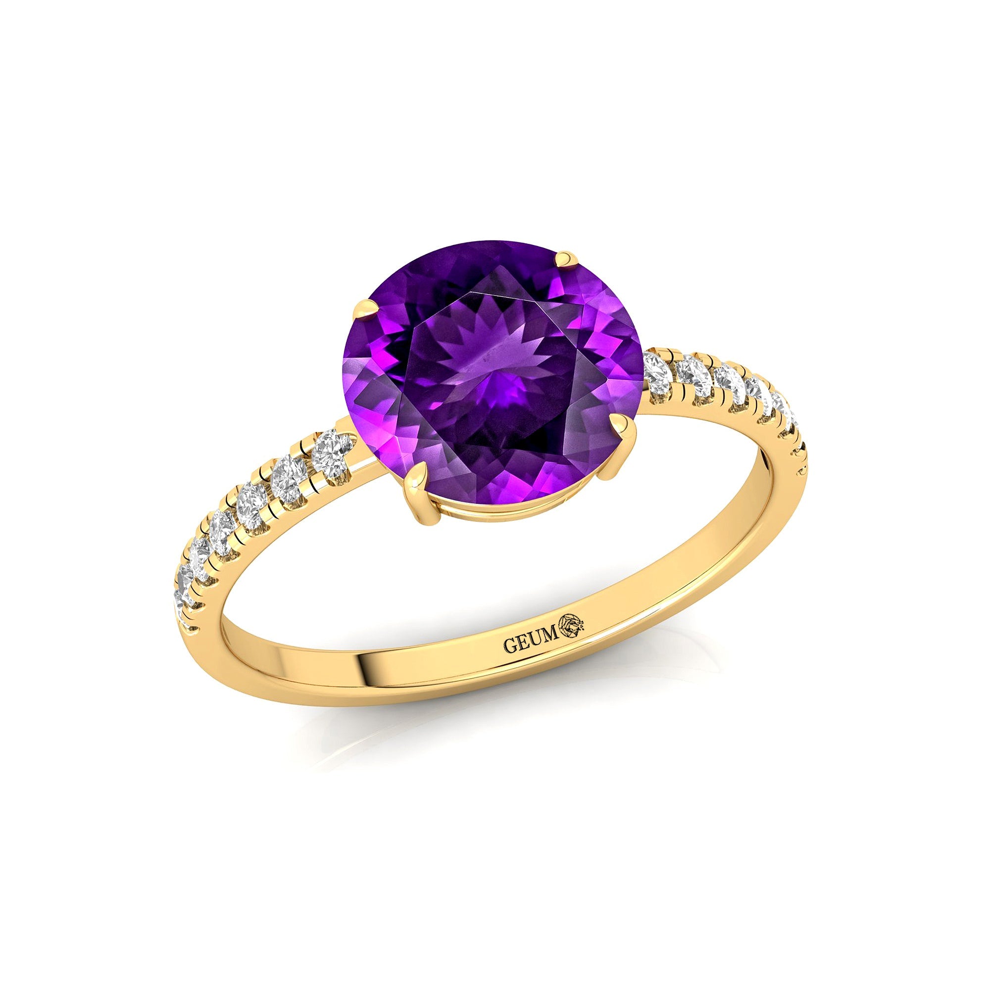 Classic Six Prong Round Solitaire Amethyst Ring with Accent Diamond Band - GeumJewels