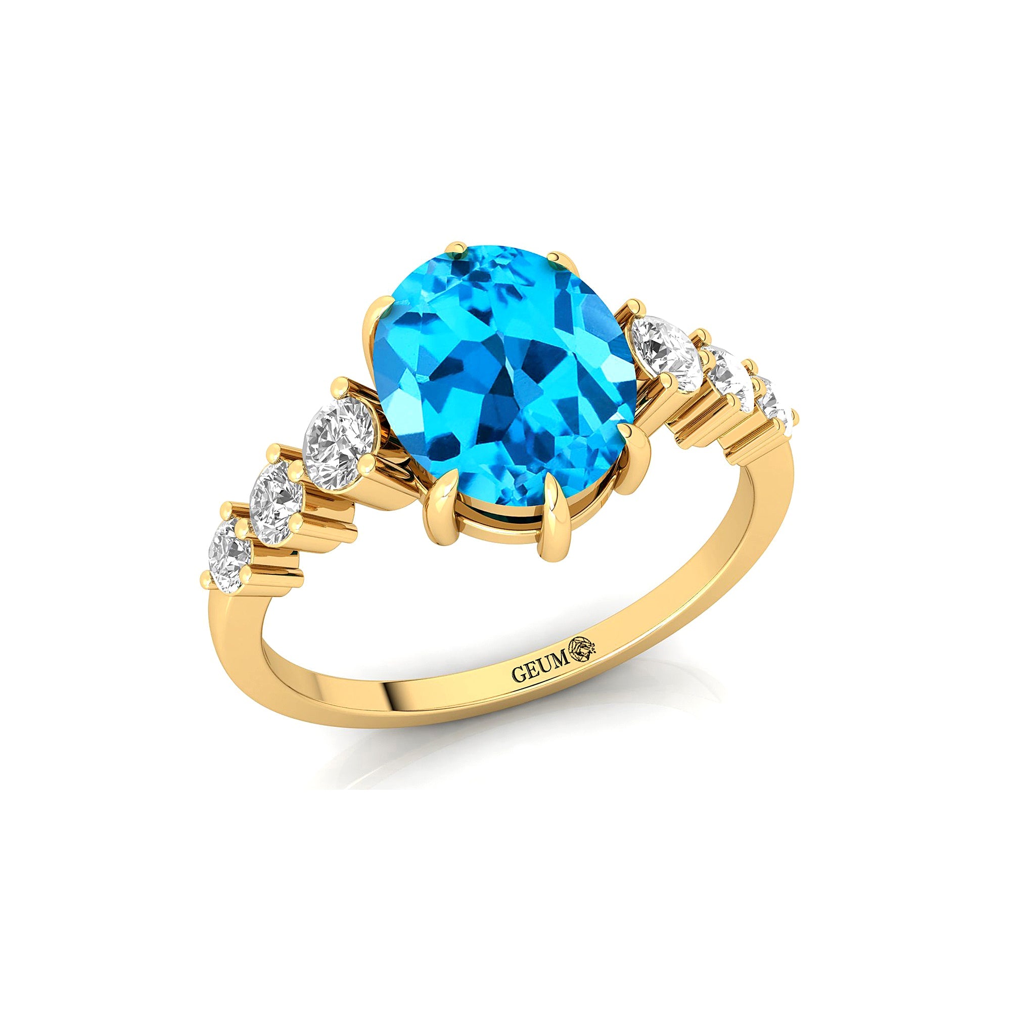 Oval Cut Swiss Blue Topaz with Graduated Diamonds Ring - GeumJewels