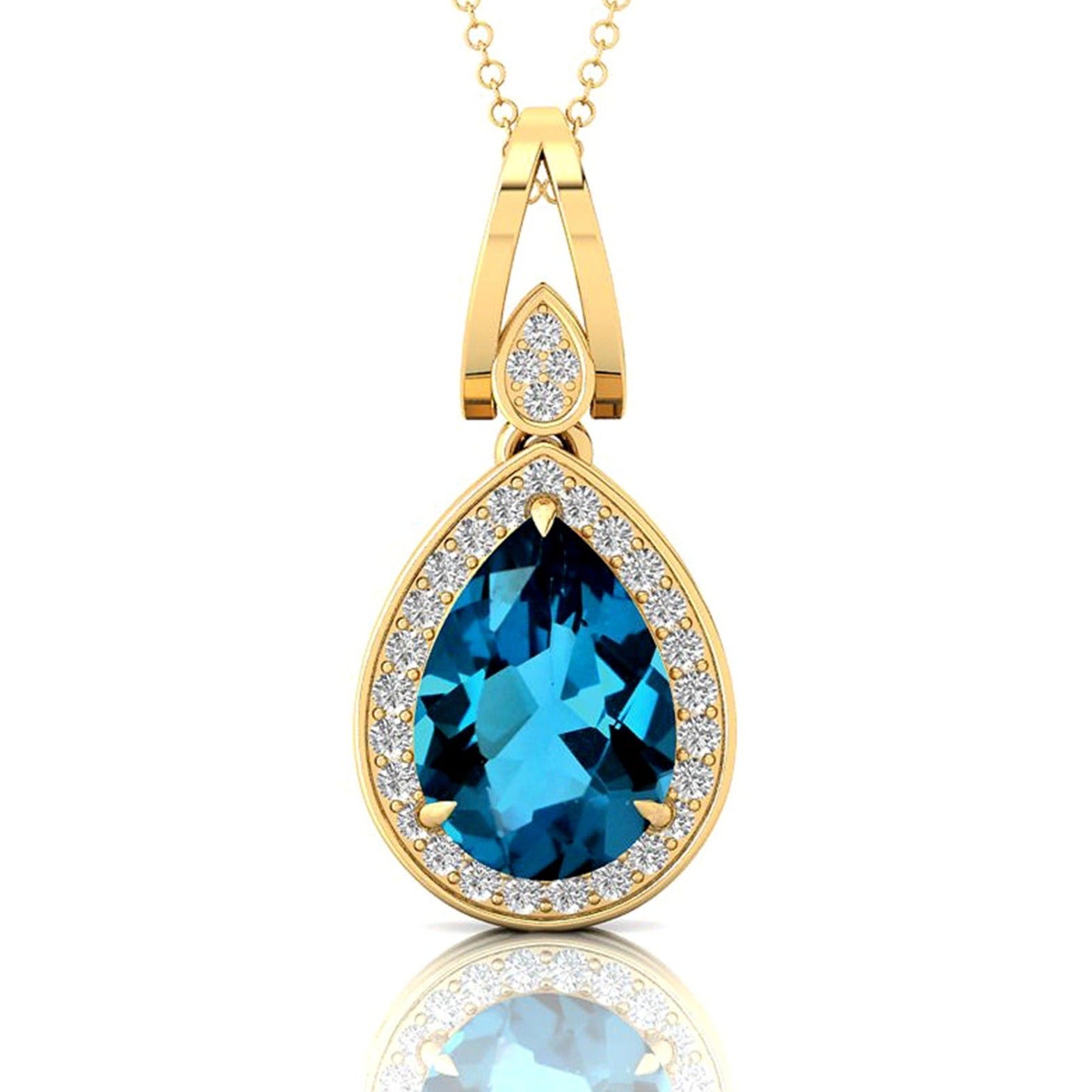 Classic Teardrop Shaped London Blue Topaz Halo Diamond Dangle Pendant - GeumJewels