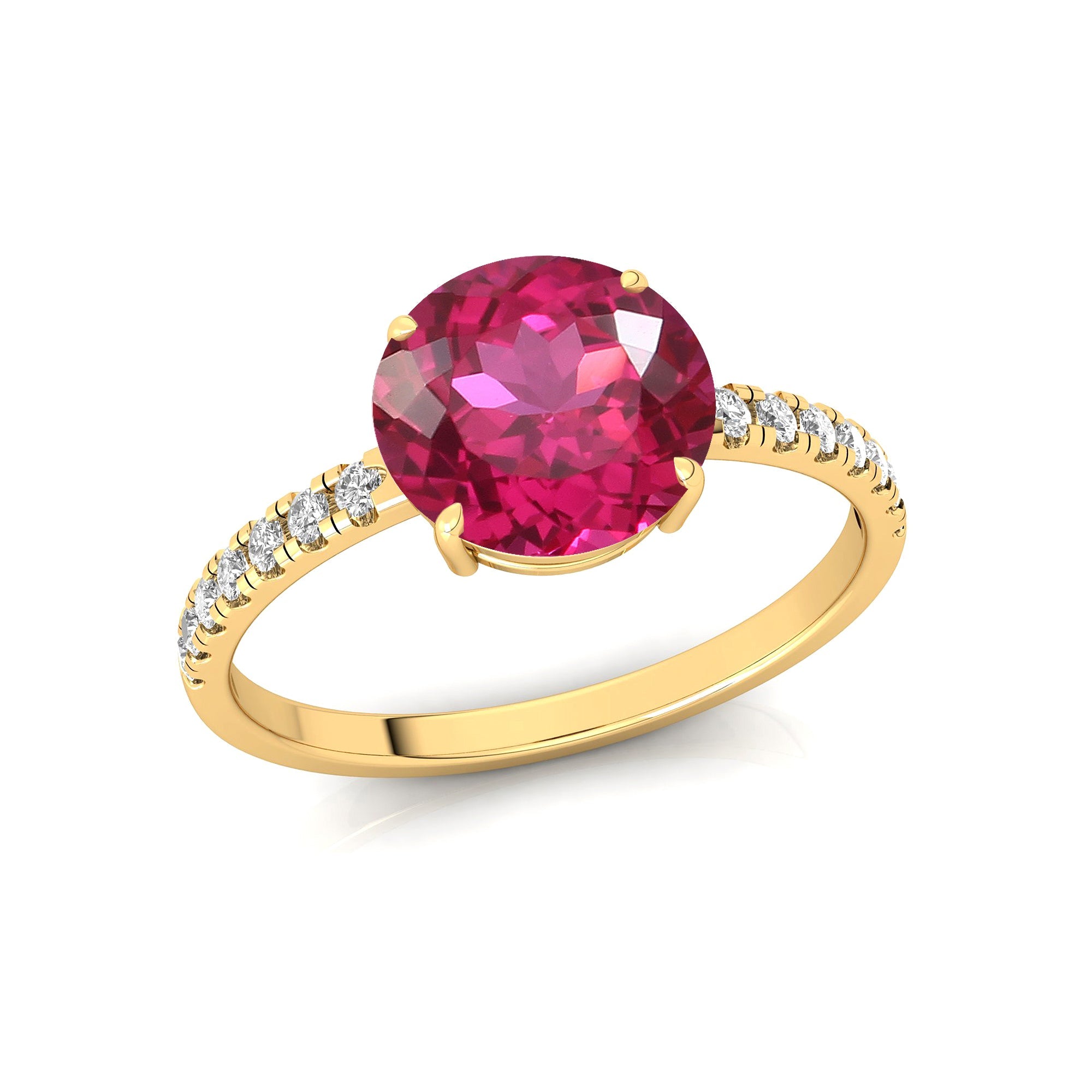 Classic Six Prong Round Solitaire Pink Sapphire Ring with Accent Diamond Band - GeumJewels