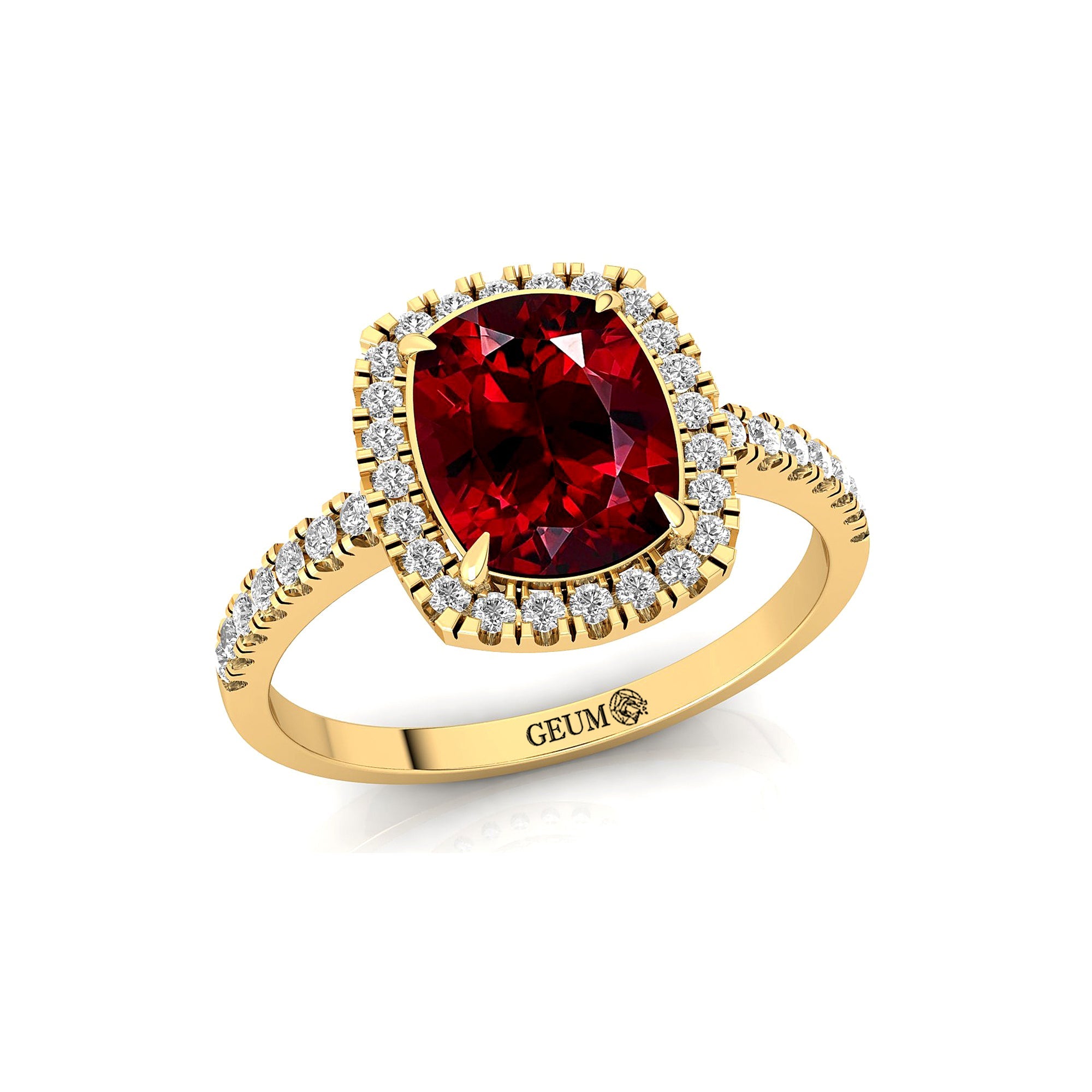 Elongated Cushion Halo Set Garnet Engagement Ring with Diamond Band - GeumJewels