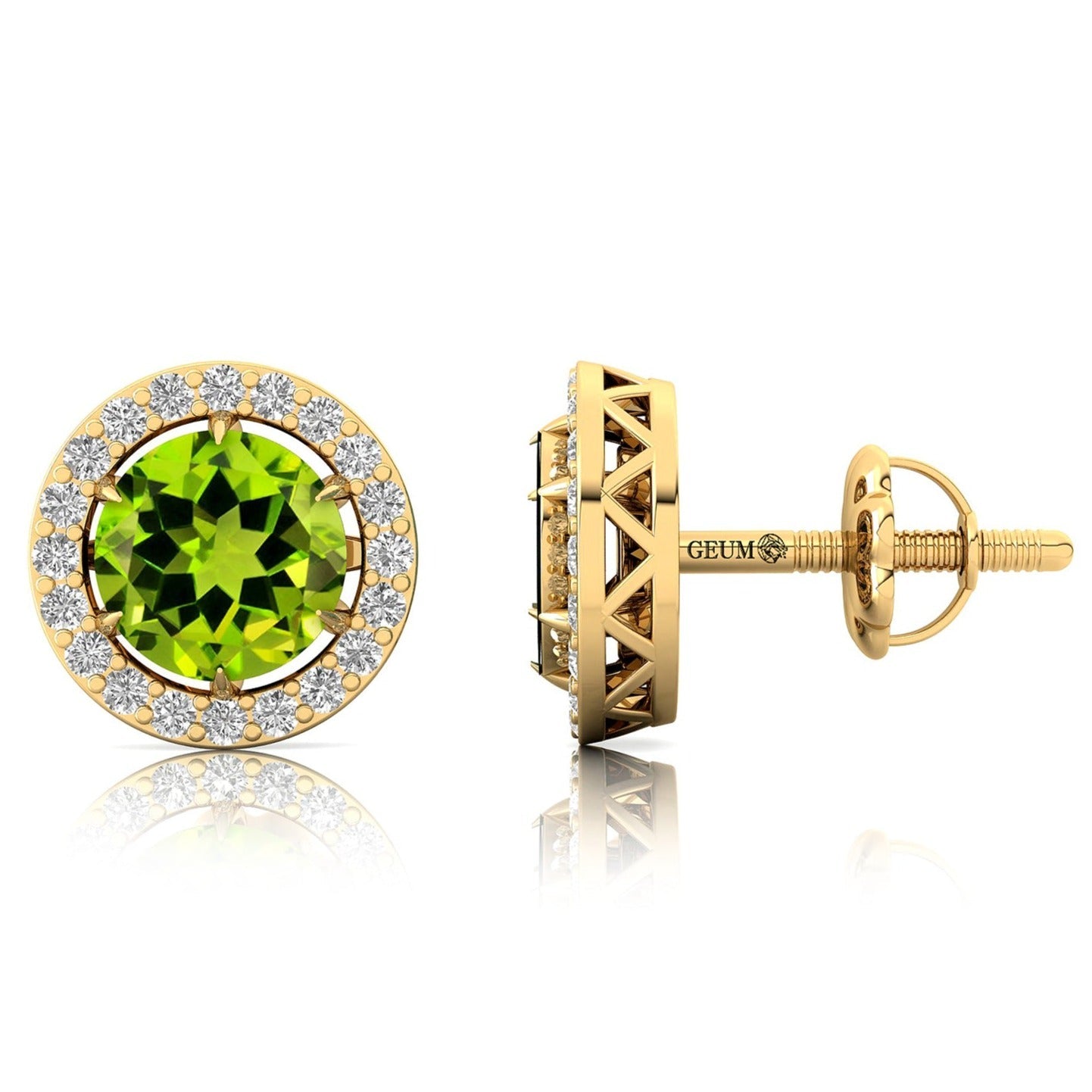 Round Solitaire Peridot Halo Diamond Stud Earrings - GeumJewels