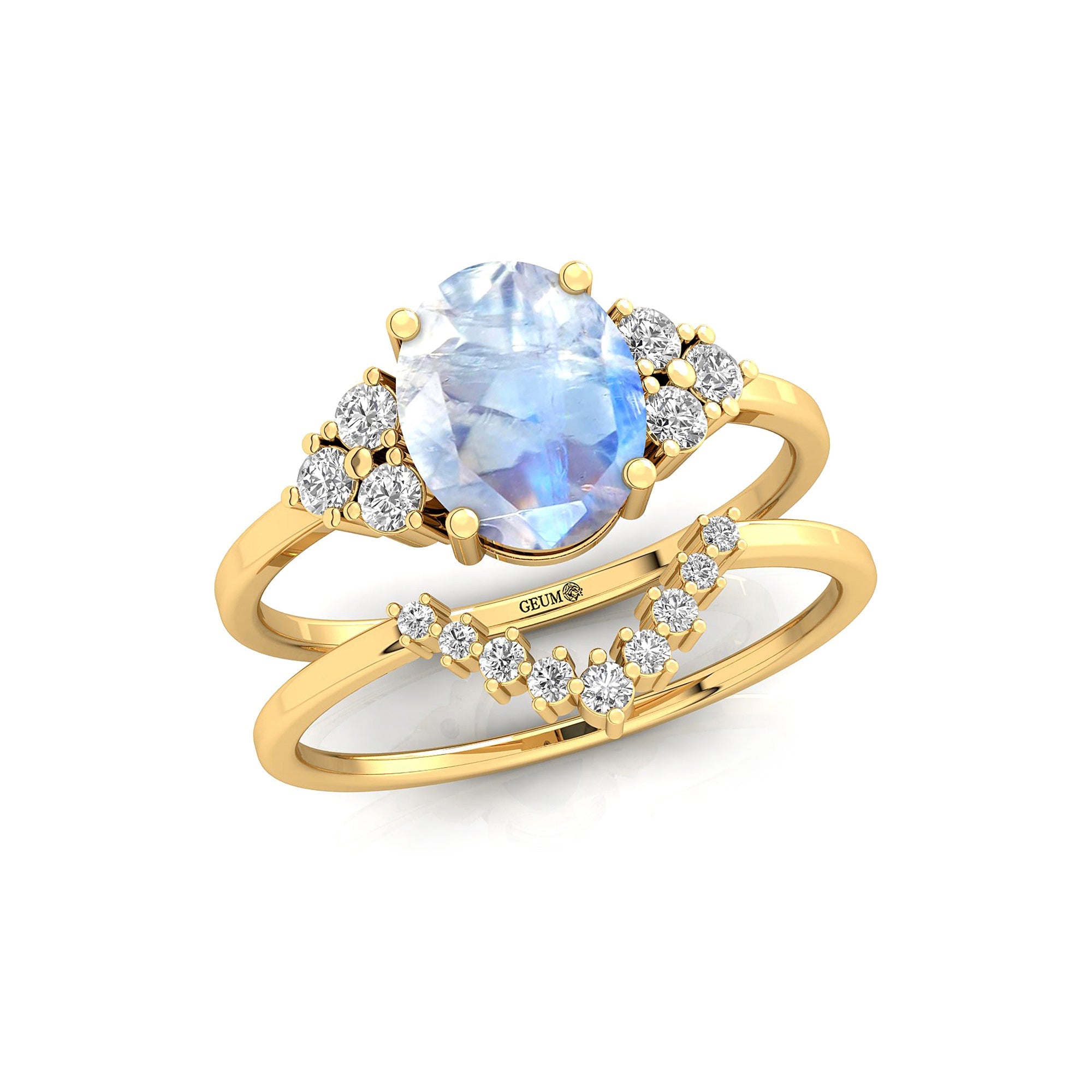 Rainbow Moonstone Gold Ring with Stackable Diamond Band - GeumJewels