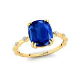 Cushion Cut Blue Sapphire Engagement Ring with Distant Diamond Band - GeumJewels