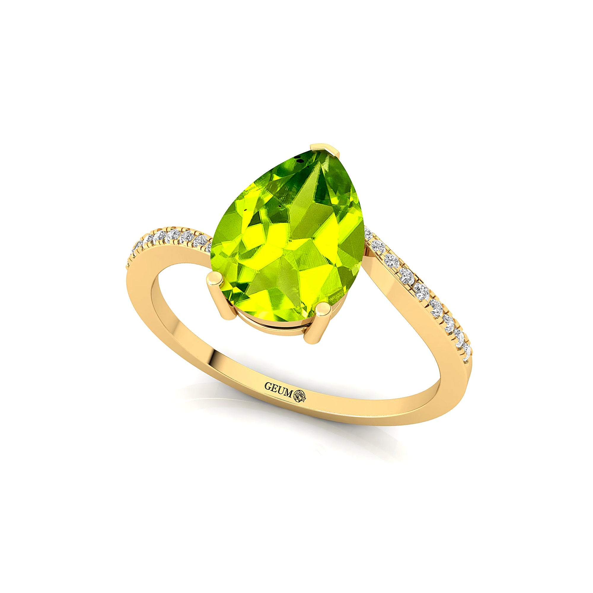 Twisted Up Down Band Pear Shaped Peridot Ring with Accent Diamonds - GeumJewels