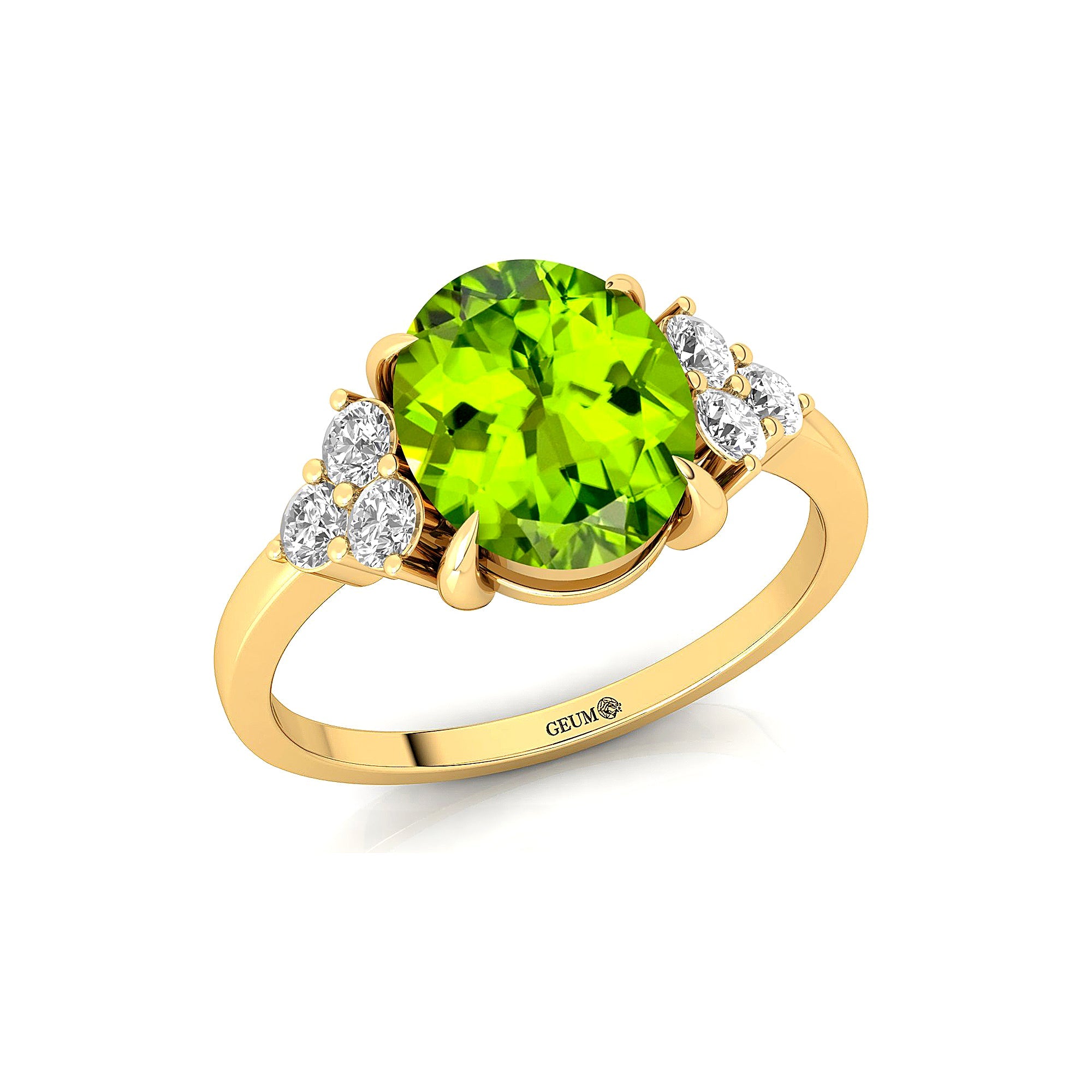 Trio Diamond Engagement Ring with Oval Cut Peridot - GeumJewels