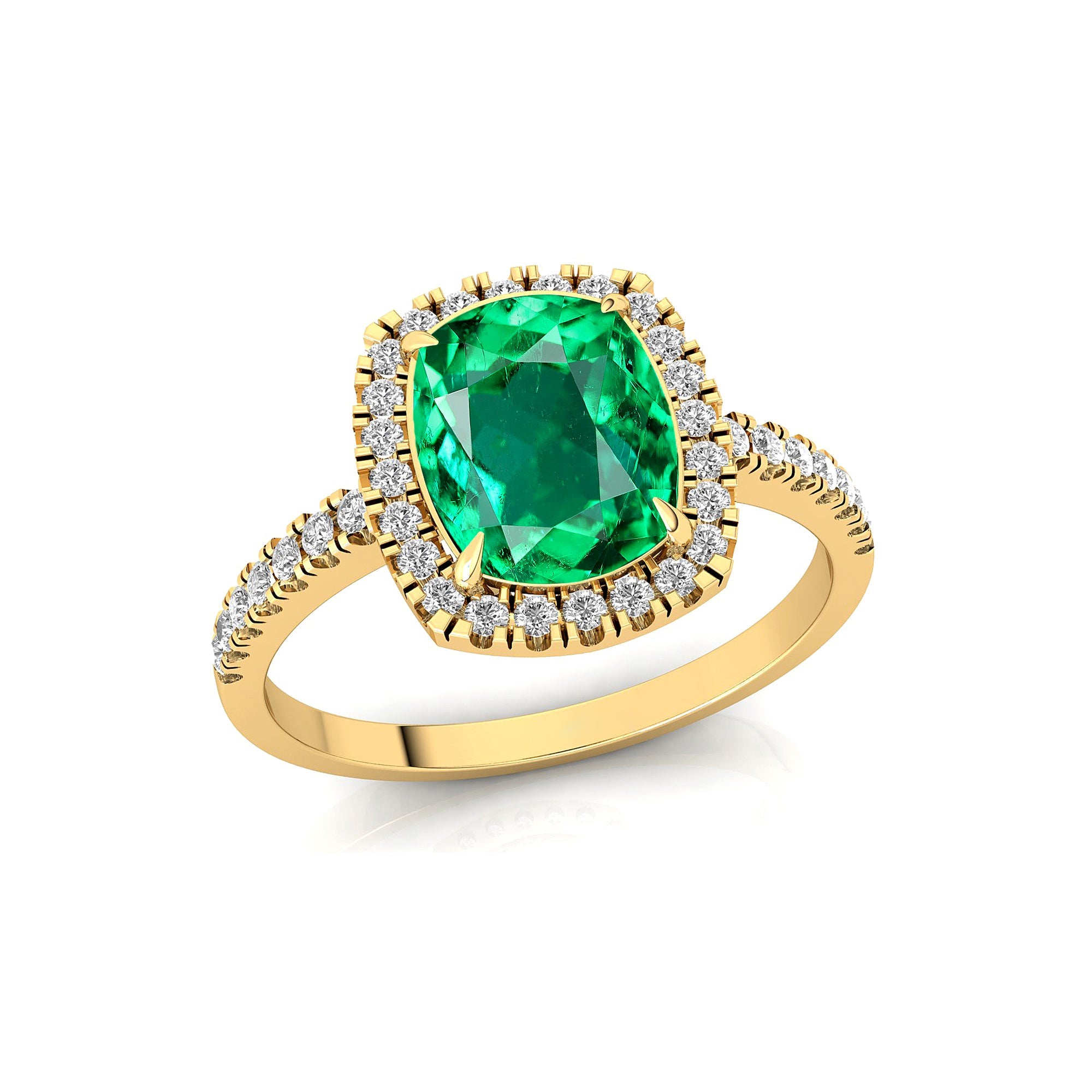 Elongated Cushion Halo Set Emerald Engagement Ring with Diamond Band - GeumJewels