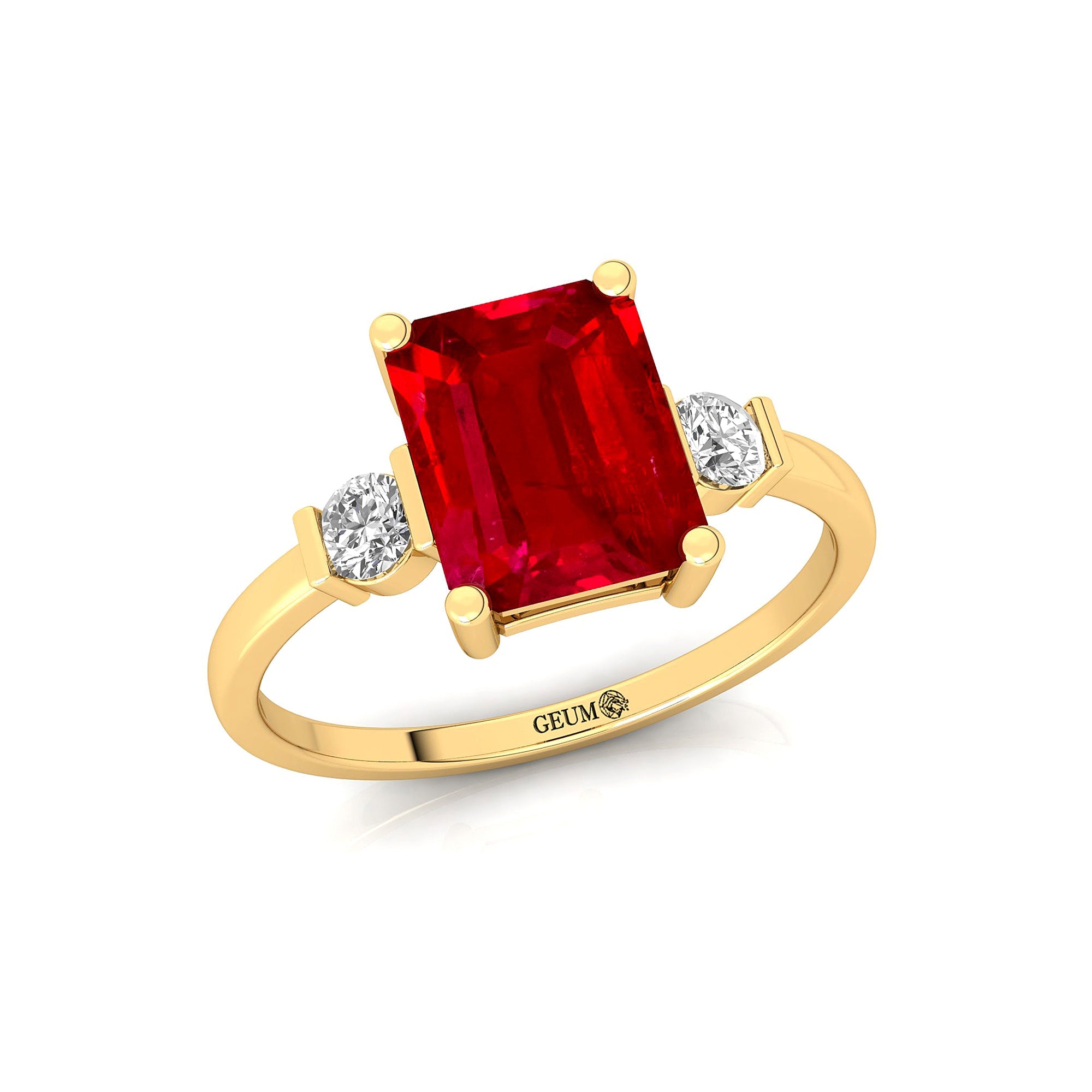Emerald Cut Ruby and Diamond Three Stone Ring - GeumJewels