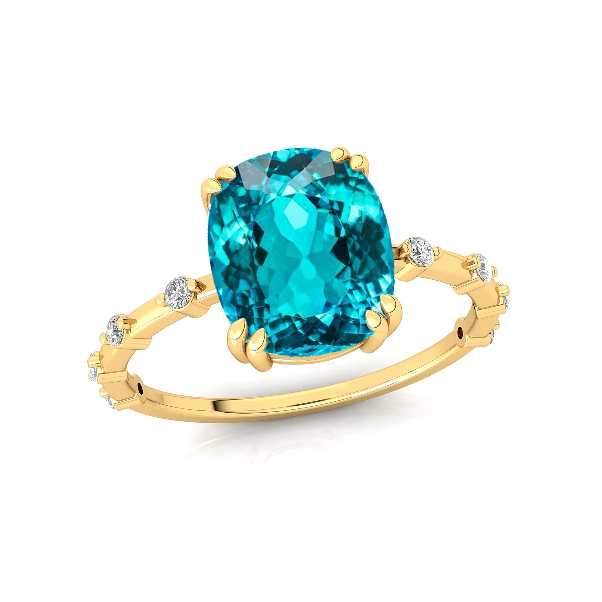 Cushion Cut Paraiba Tourmaline Engagement Ring with Distant Diamond Band - GeumJewels