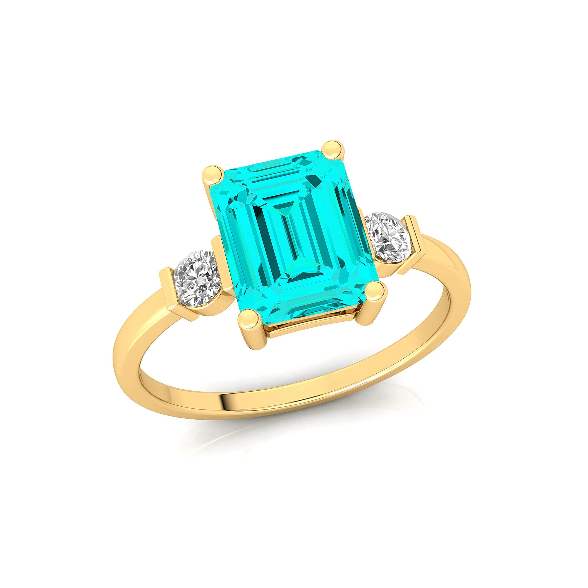 Emerald Cut Paraiba Tourmaline and Diamond Three Stone Ring - GeumJewels