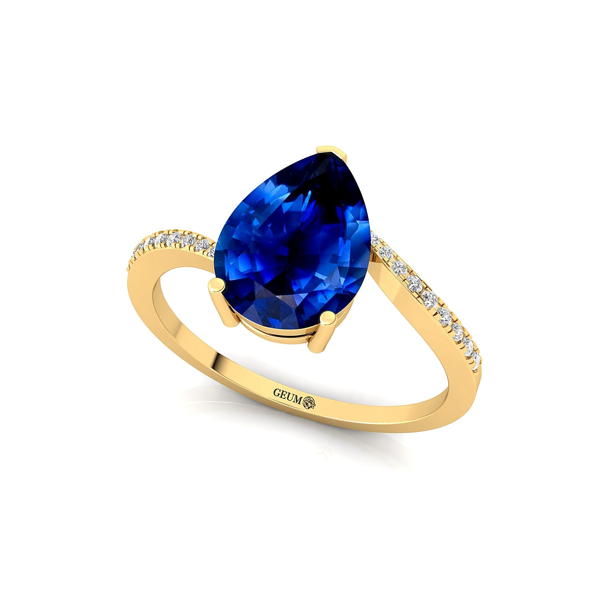 Twisted Up Down Band Pear Shaped Blue Sapphire Ring with Accent Diamonds - GeumJewels