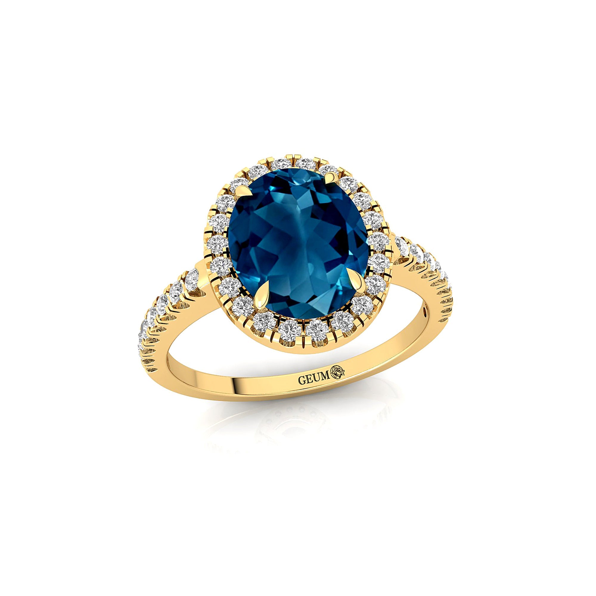 Oval Solitaire London Blue Topaz Halo Diamond Engagement Ring - GeumJewels