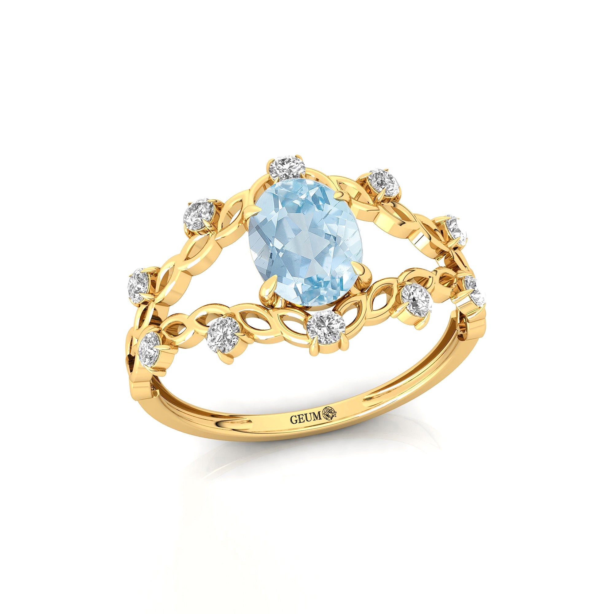 Flower Inspired Ring with Oval Shaped Aquamarine and Accent Diamonds - GeumJewels
