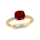 Garnet Square Cushion Under Halo Diamonds Thin Ring with Diamond Band - GeumJewels