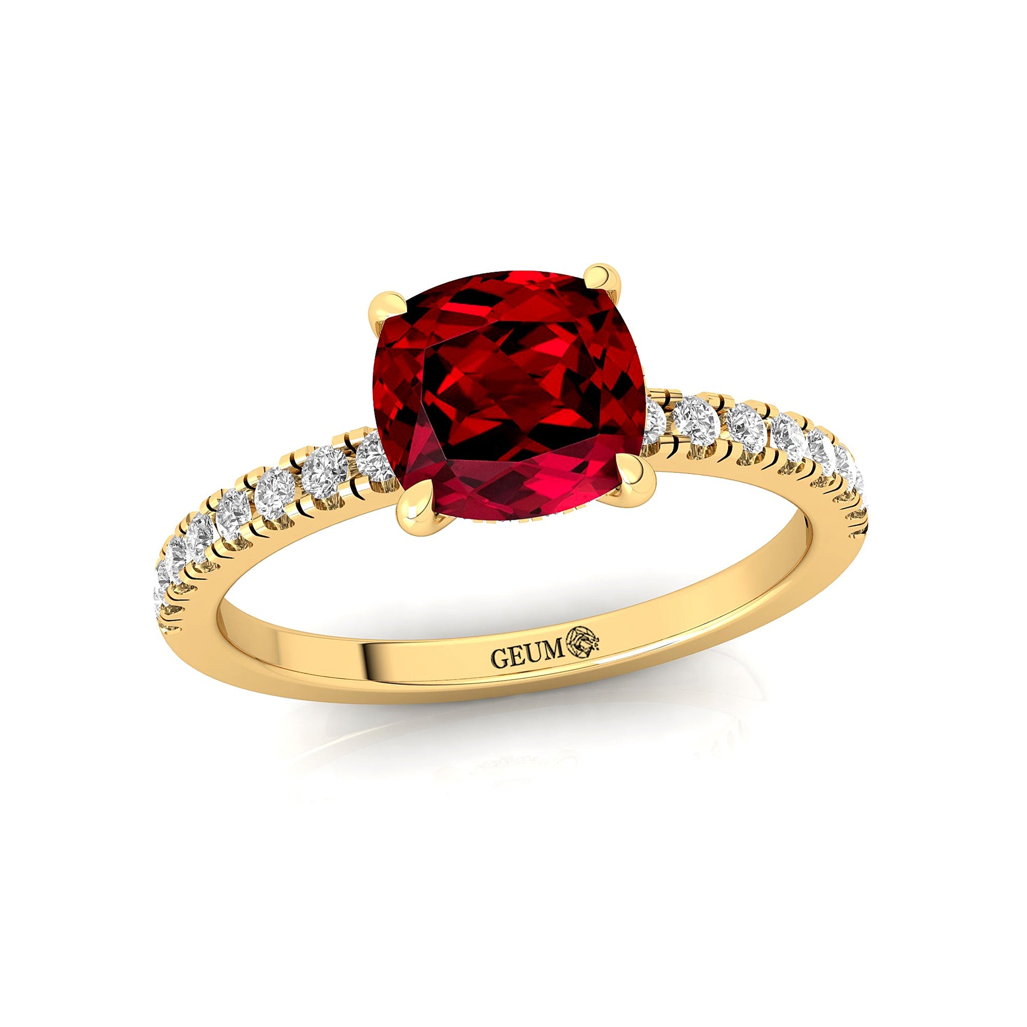 Garnet Square Cushion Under Halo Diamonds Thin Ring with Diamond Band - GeumJewels