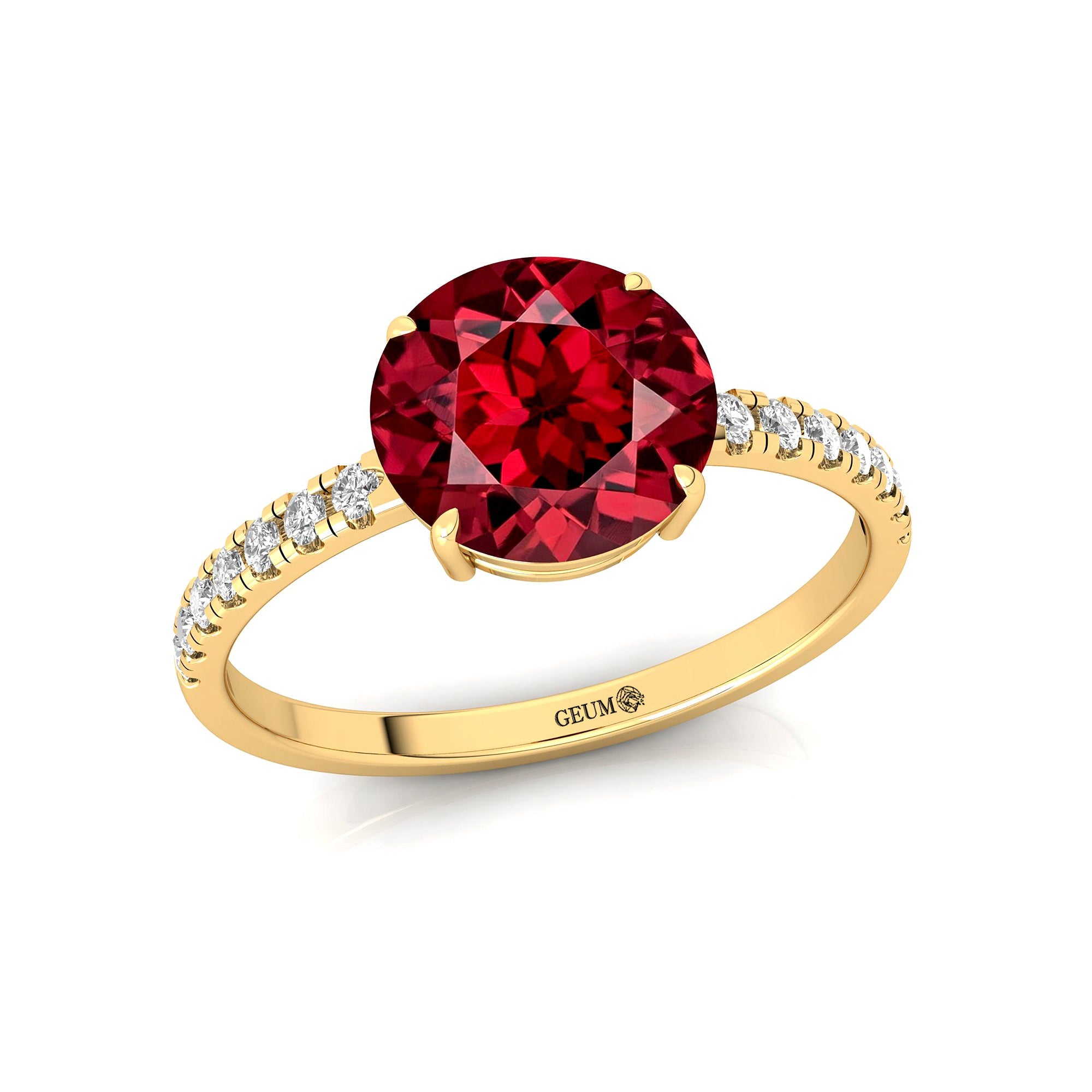 Classic Six Prong Round Solitaire Garnet Ring with Accent Diamond Band - GeumJewels