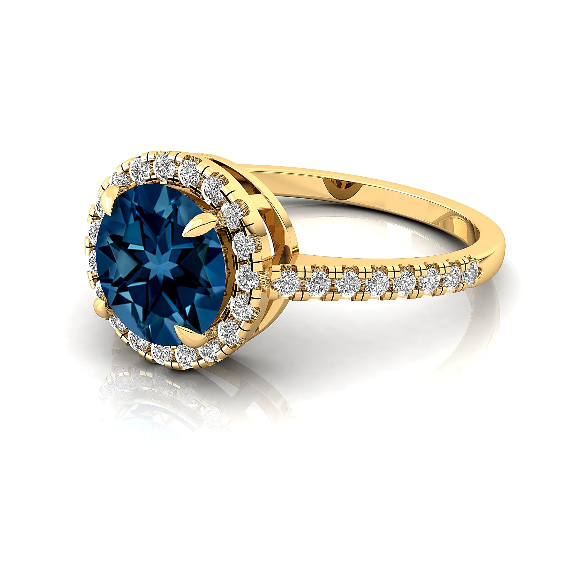 Classic Round Halo Diamonds with Solitaire London Blue Topaz Engagement Ring - GeumJewels