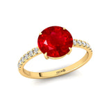 Classic Six Prong Round Solitaire Ruby Ring with Accent Diamond Band - GeumJewels