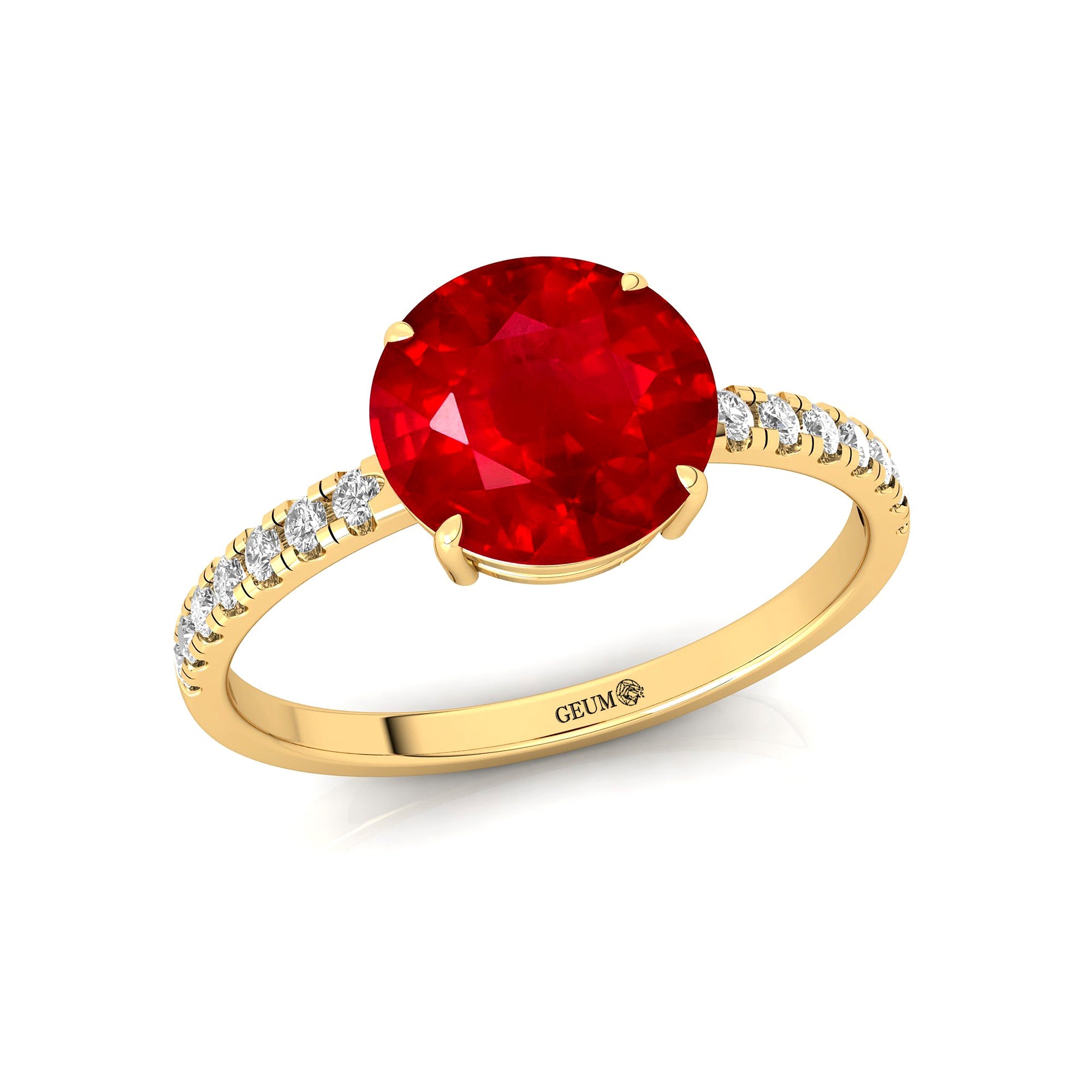 Classic Six Prong Round Solitaire Ruby Ring with Accent Diamond Band - GeumJewels