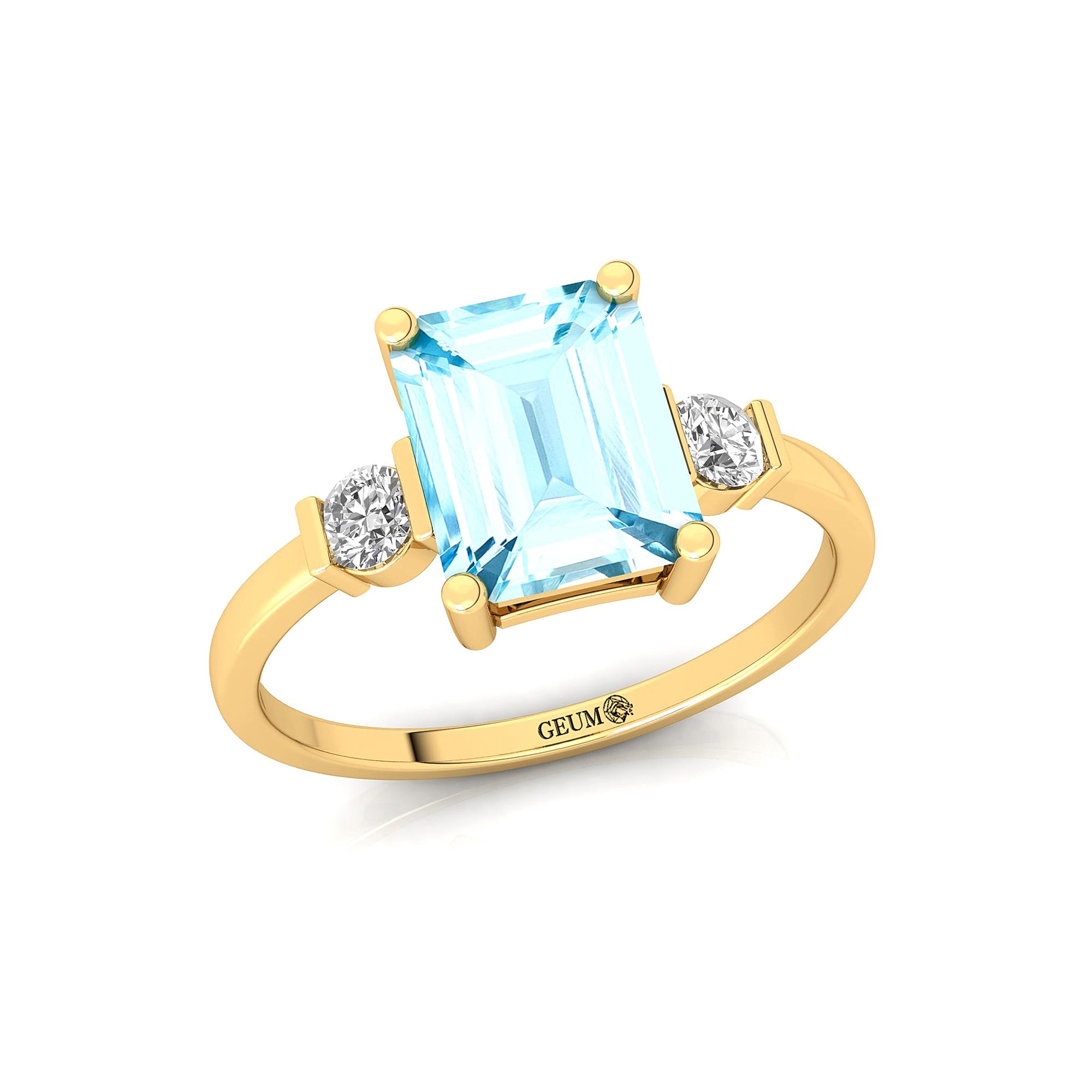 Emerald Cut Aquamarine and Diamond Three Stone Ring - GeumJewels