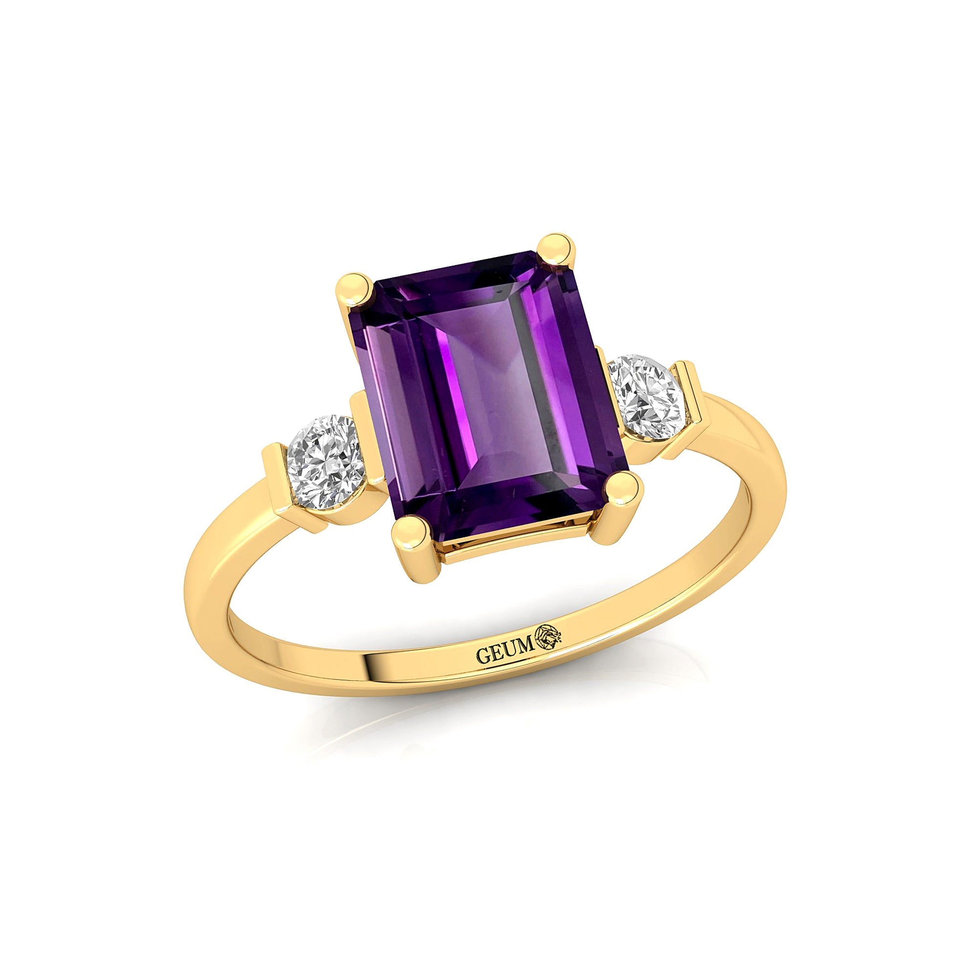 Emerald Cut Amethyst and Diamond Three Stone Ring - GeumJewels
