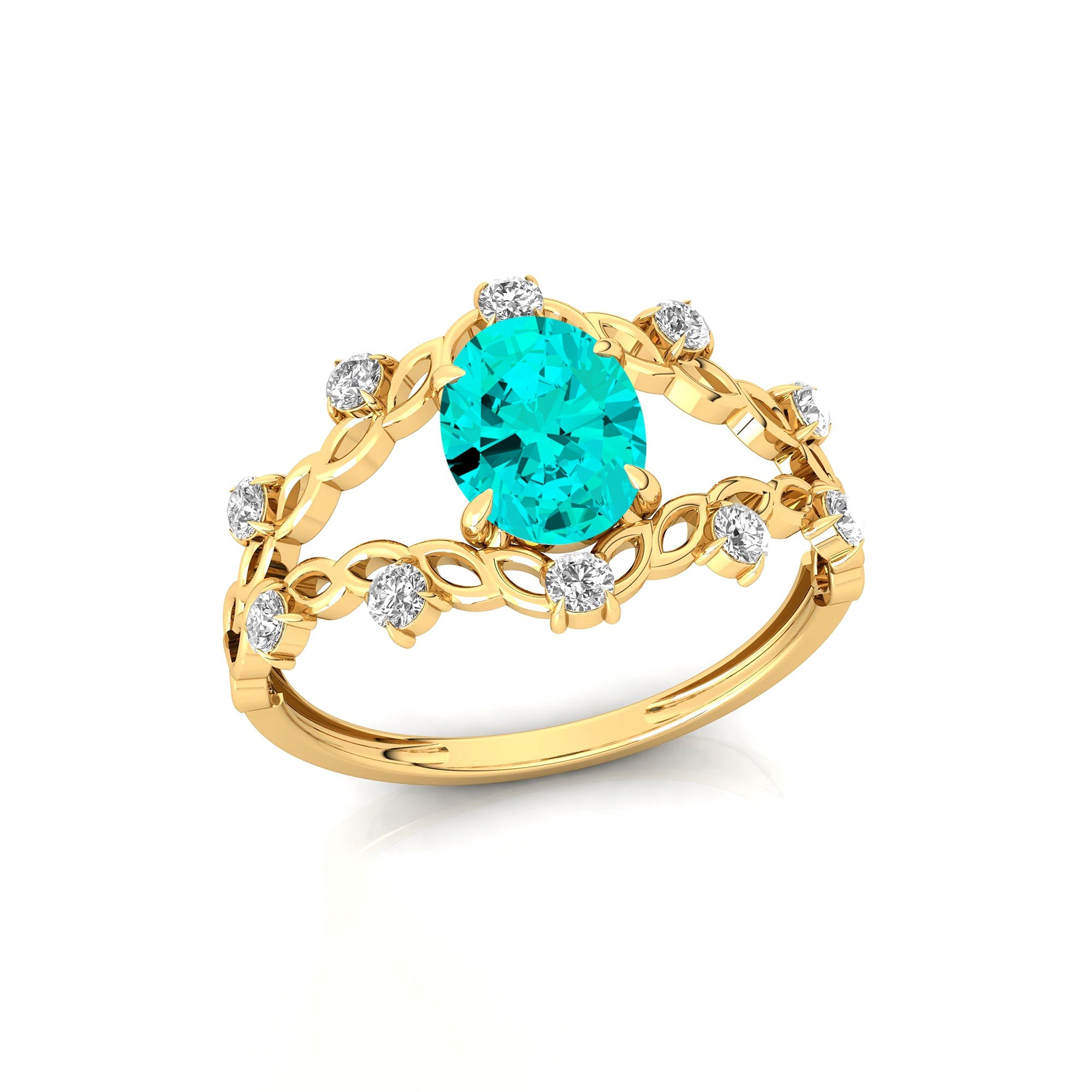 Flower Inspired Ring with Oval Shaped Paraiba Tourmaline and Accent Diamonds - GeumJewels