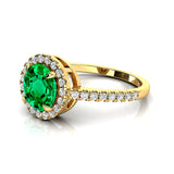 Classic Round Halo Diamonds with Solitaire Emerald Engagement Ring - GeumJewels