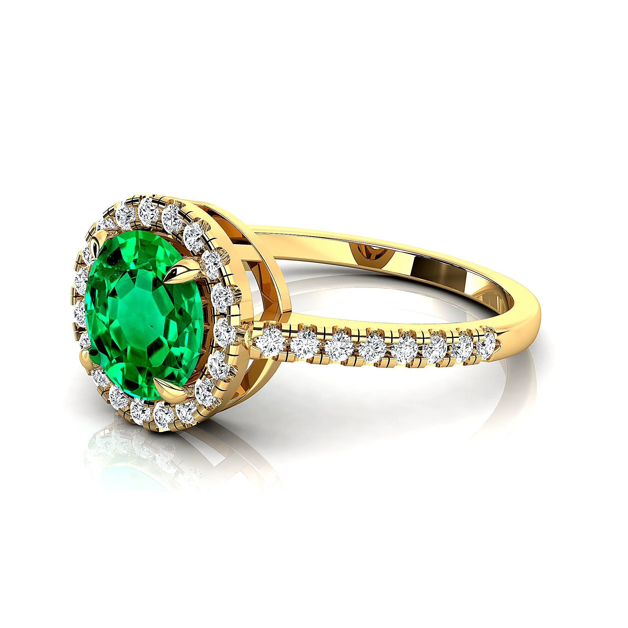 Classic Round Halo Diamonds with Solitaire Emerald Engagement Ring - GeumJewels