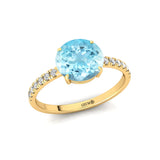 Classic Six Prong Round Solitaire Aquamarine Ring with Accent Diamond Band - GeumJewels