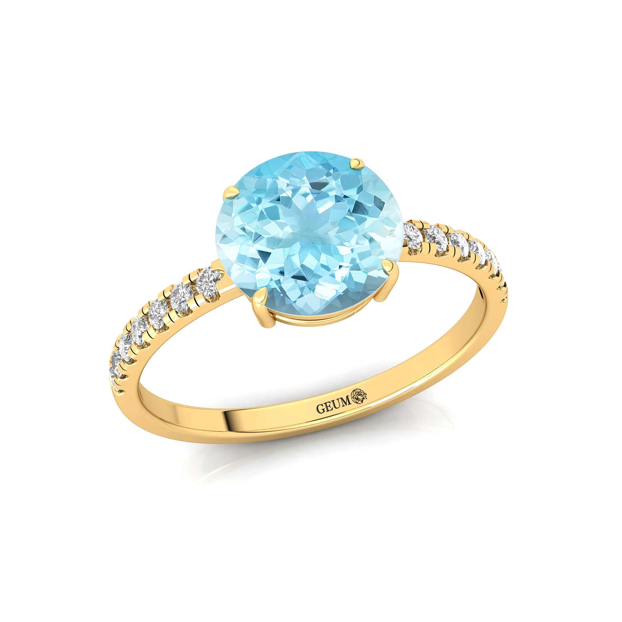 Classic Six Prong Round Solitaire Aquamarine Ring with Accent Diamond Band - GeumJewels
