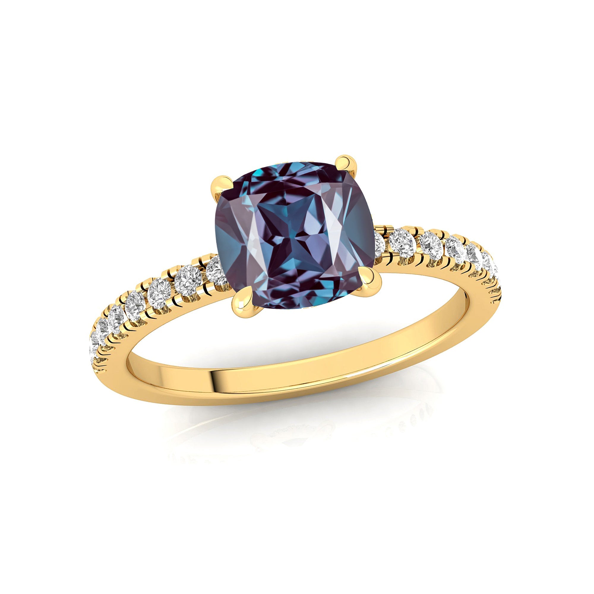 Alexandrite Square Cushion Under Halo Diamonds Thin Ring with Diamond Band - GeumJewels