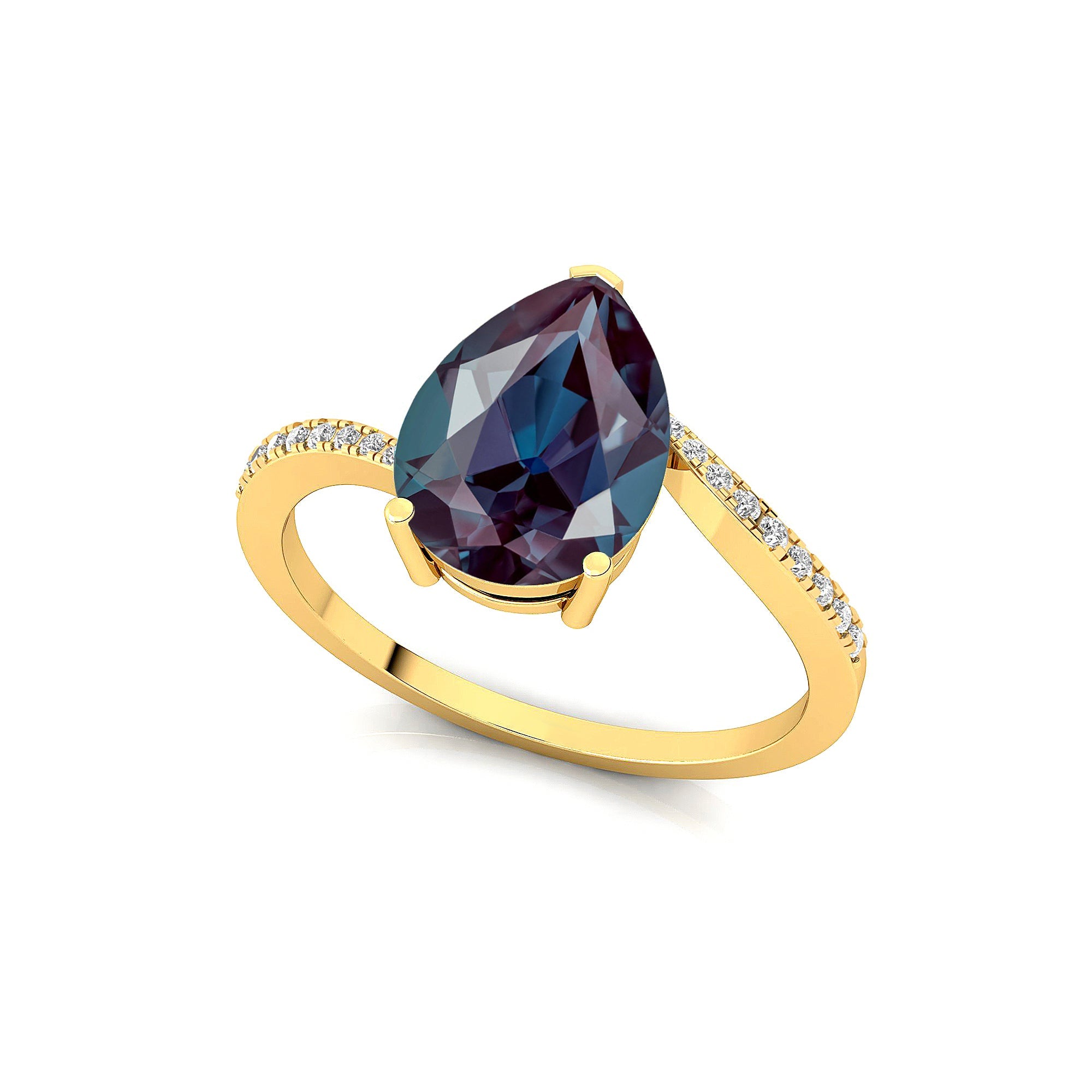 Twisted Up Down Band Pear Shaped Alexandrite Ring with Accent Diamonds - GeumJewels