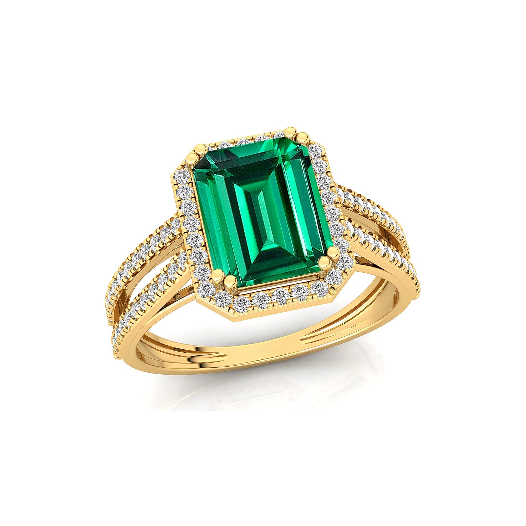 Halo Set Emerald Shaped Emerald Split Shank Ring with Accent Diamonds - GeumJewels