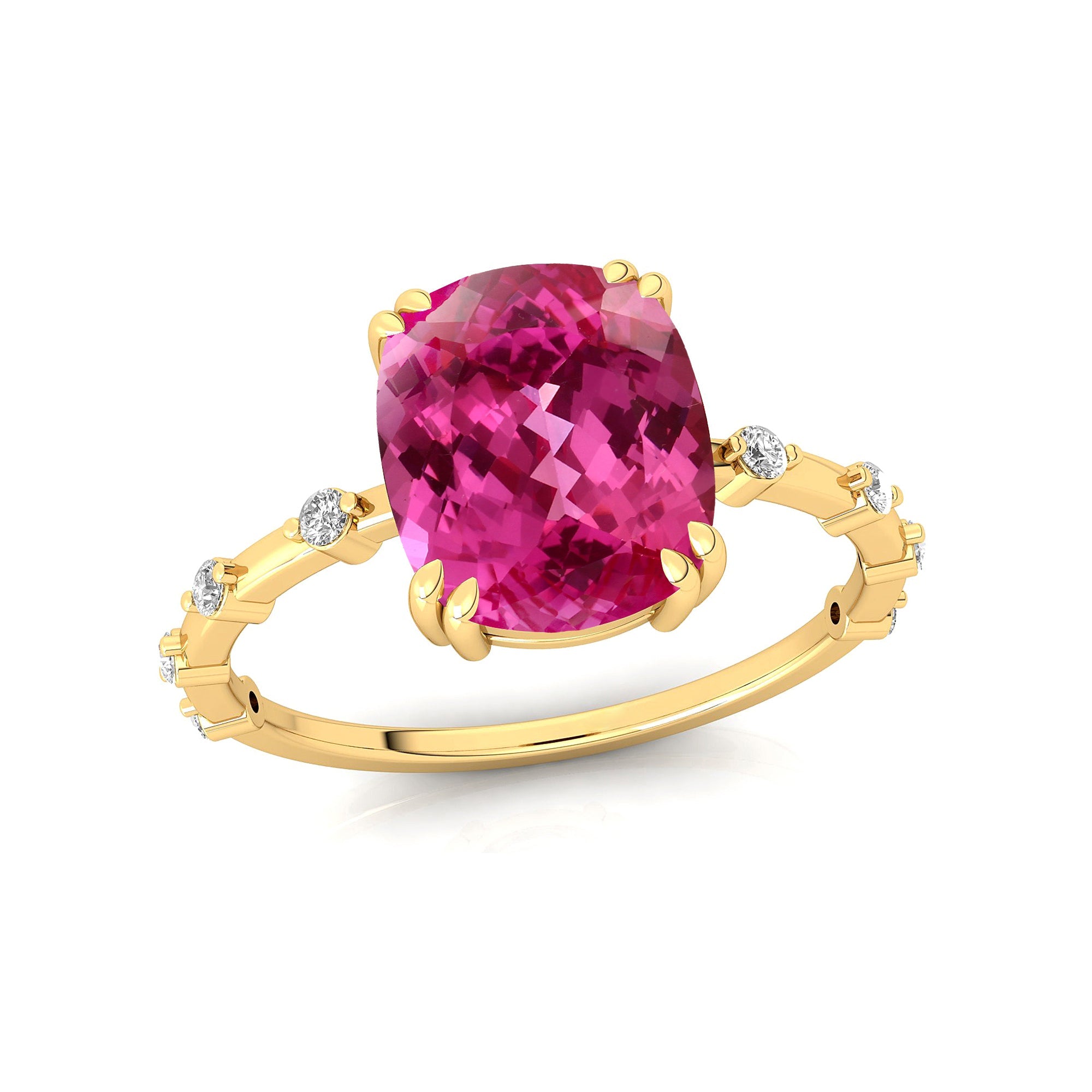 Cushion Cut Pink Sapphire Engagement Ring with Distant Diamond Band - GeumJewels