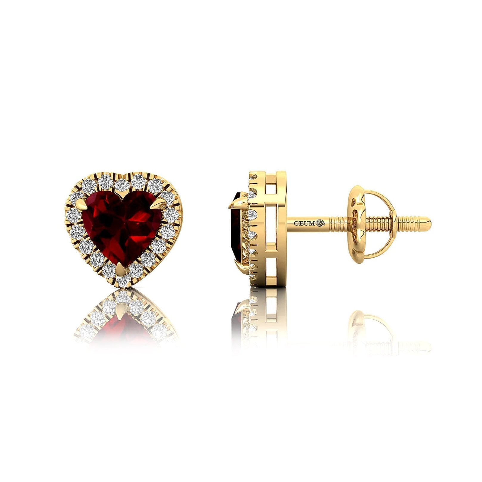 Heart Shaped Garnet Halo Diamond Stud Earrings - GeumJewels