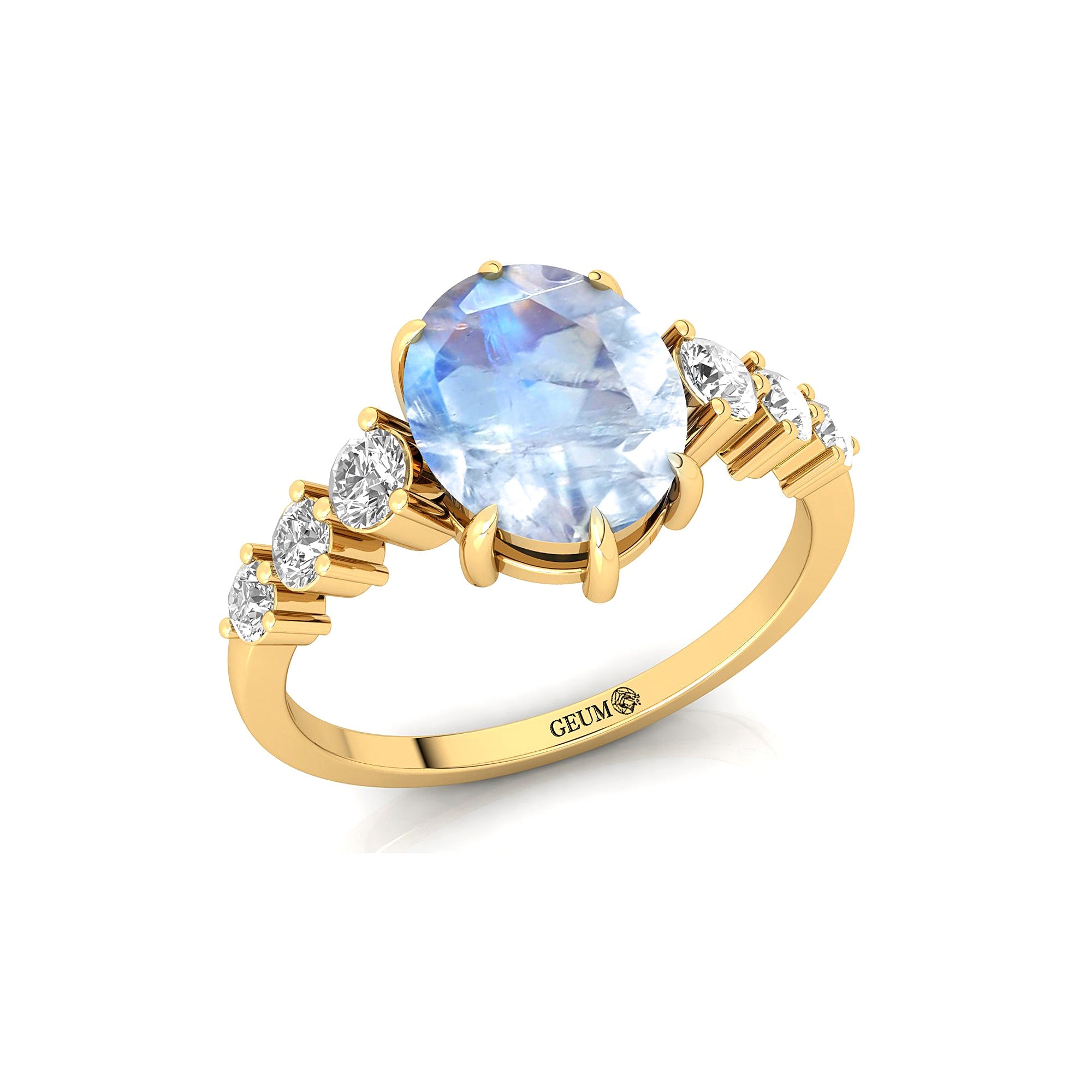 Oval Cut Moonstone with Graduated Diamonds Ring - GeumJewels