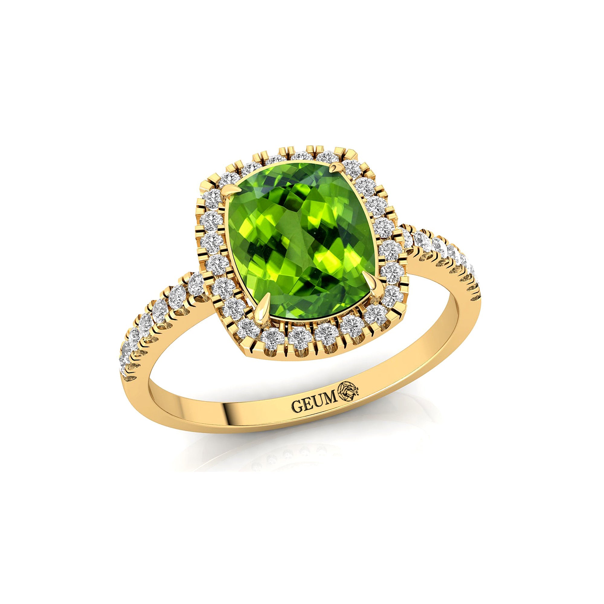 Elongated Cushion Halo Set Peridot Engagement Ring with Diamond Band - GeumJewels