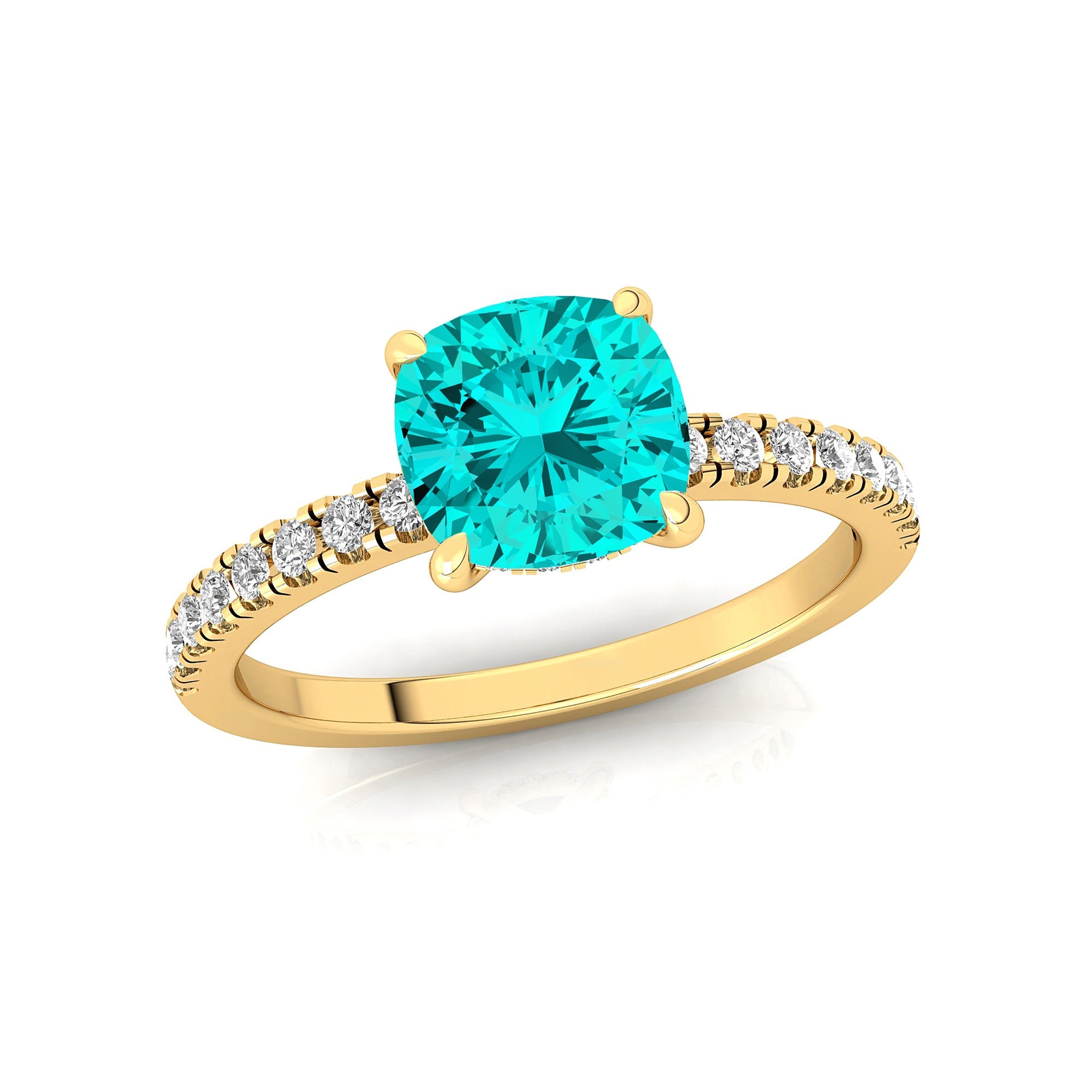 Paraiba Tourmaline Square Cushion Under Halo Diamonds Thin Ring with Diamond Band - GeumJewels