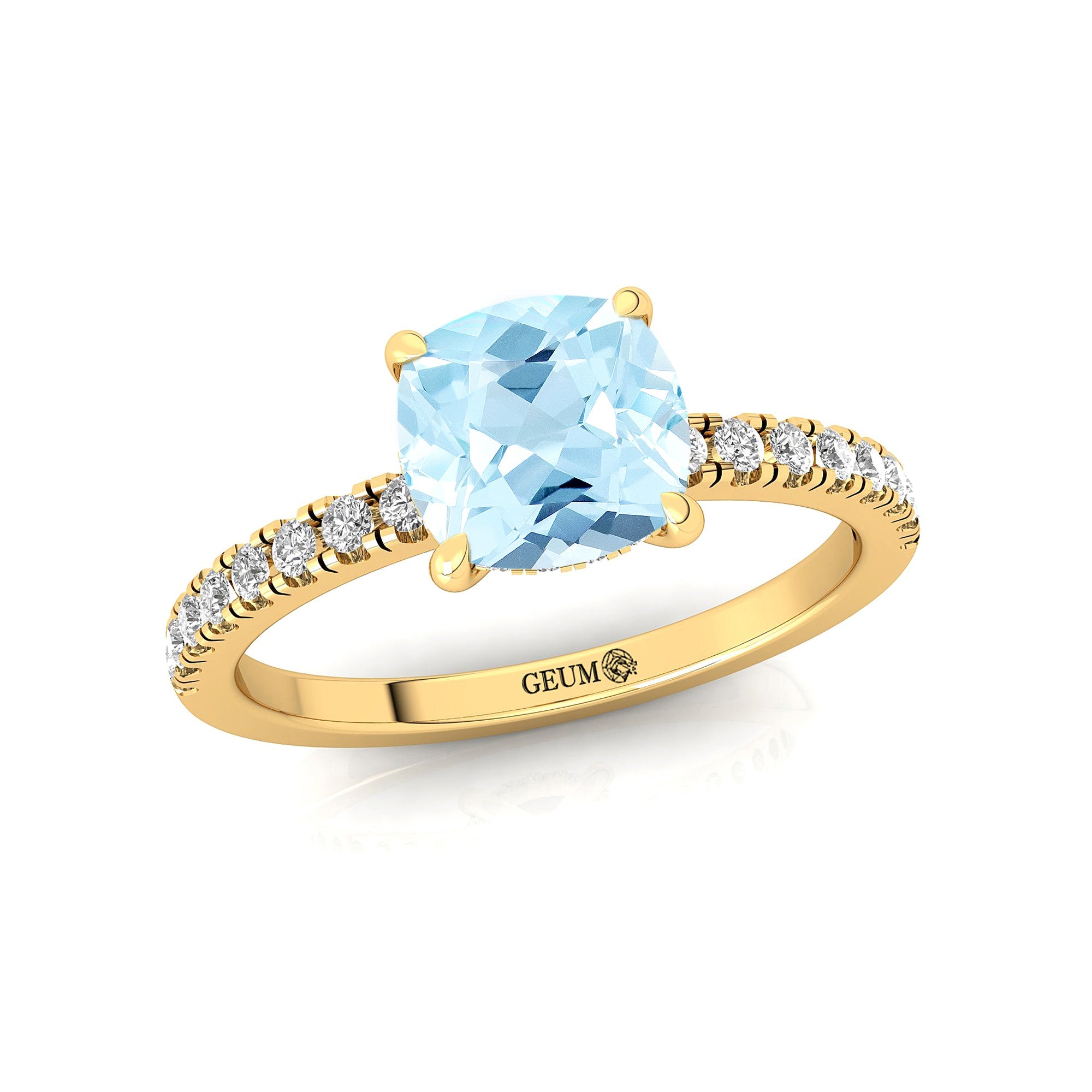 Aquamarine Square Cushion Under Halo Diamonds Thin Ring with Diamond Band - GeumJewels