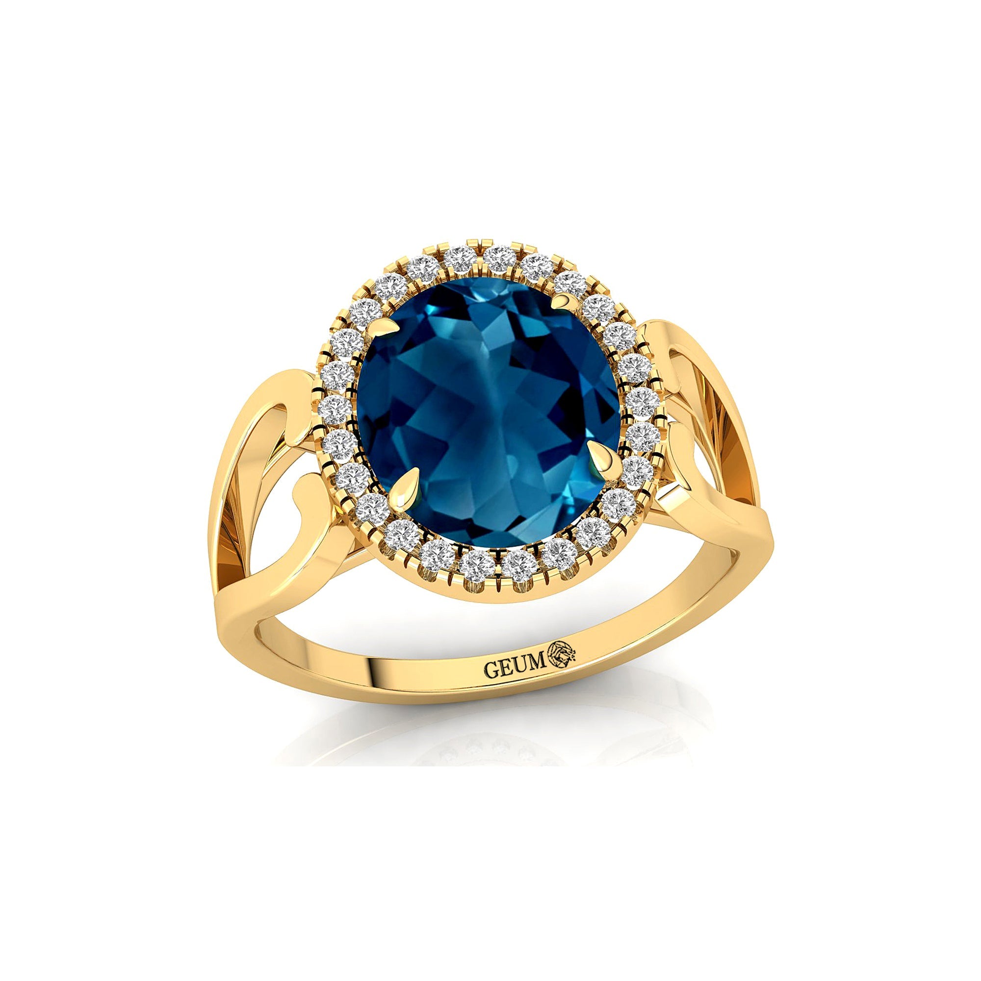 Vintage Love Inspired Oval London Blue Topaz Halo Diamond Engagement Ring - GeumJewels