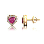 Heart Shaped Pink Sapphire Halo Diamond Stud Earrings - GeumJewels
