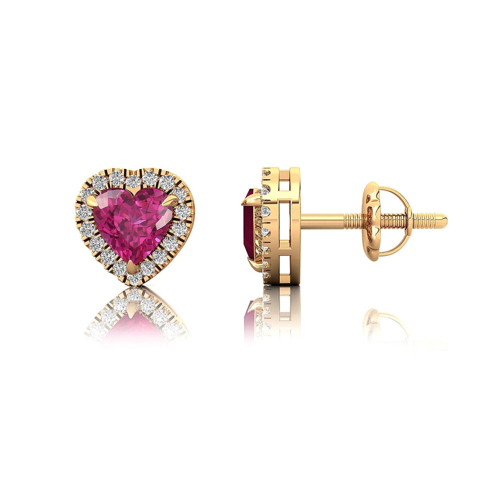 Heart Shaped Pink Sapphire Halo Diamond Stud Earrings - GeumJewels