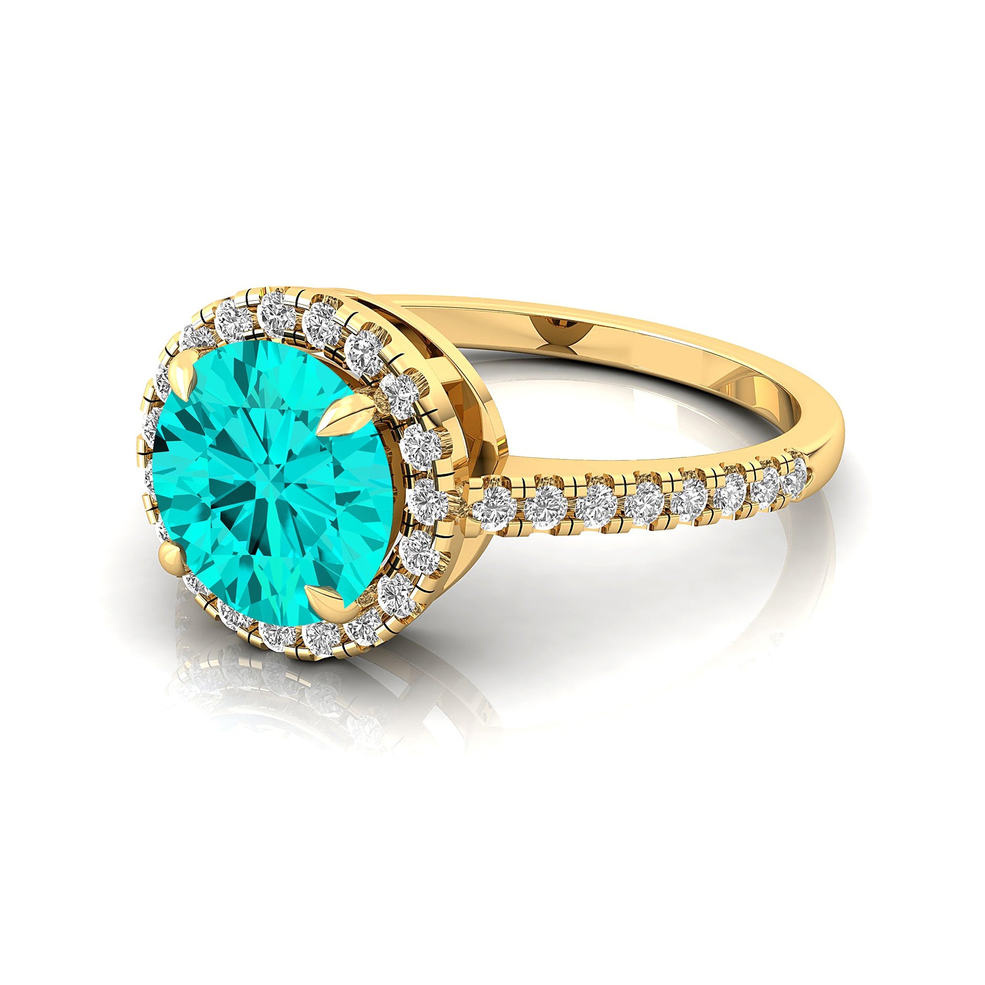 Classic Round Halo Diamonds with Solitaire Paraiba Tourmaline Engagement Ring - GeumJewels
