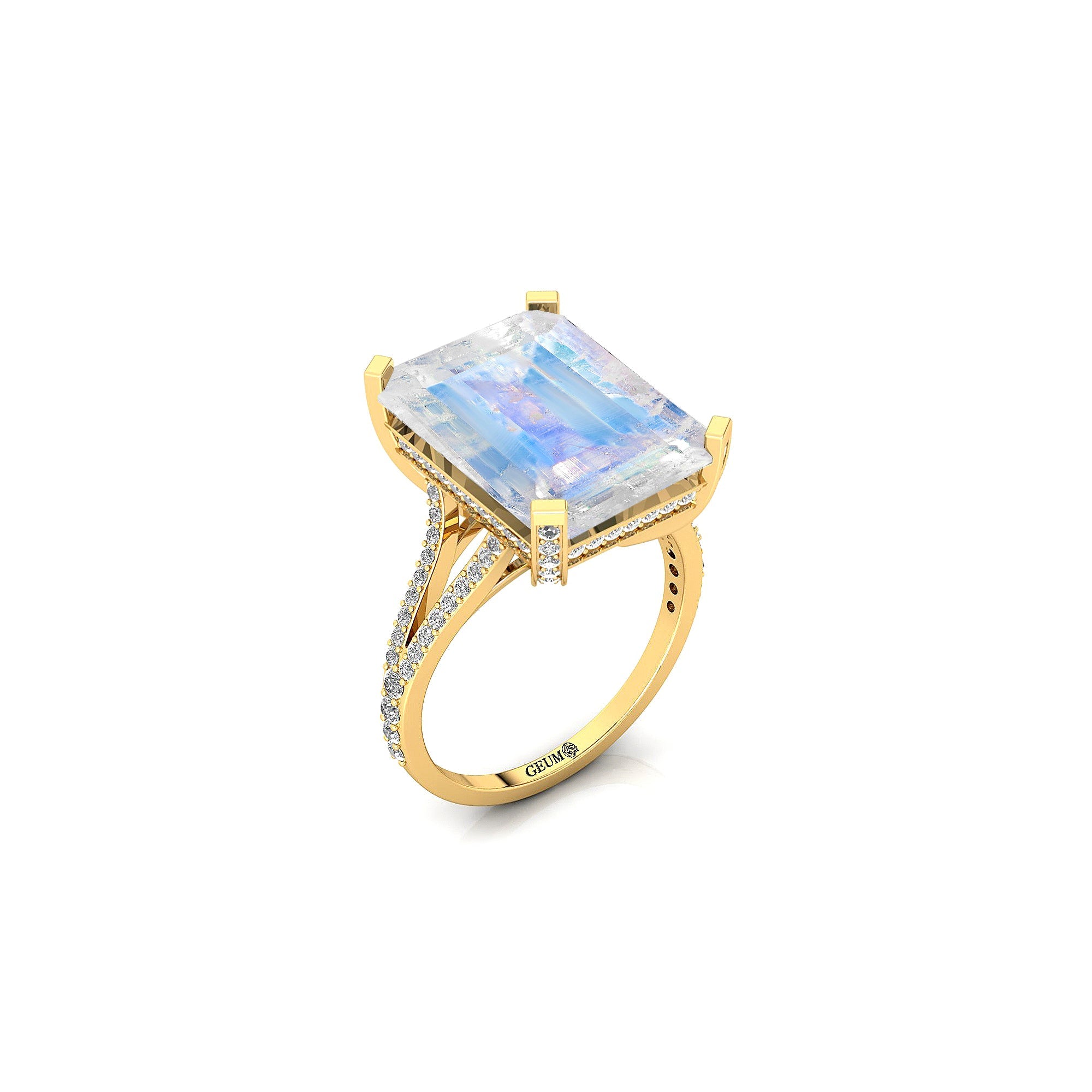 Emerald Cut Moonstone Split Shank Engagement Ring with Diamonds - GeumJewels