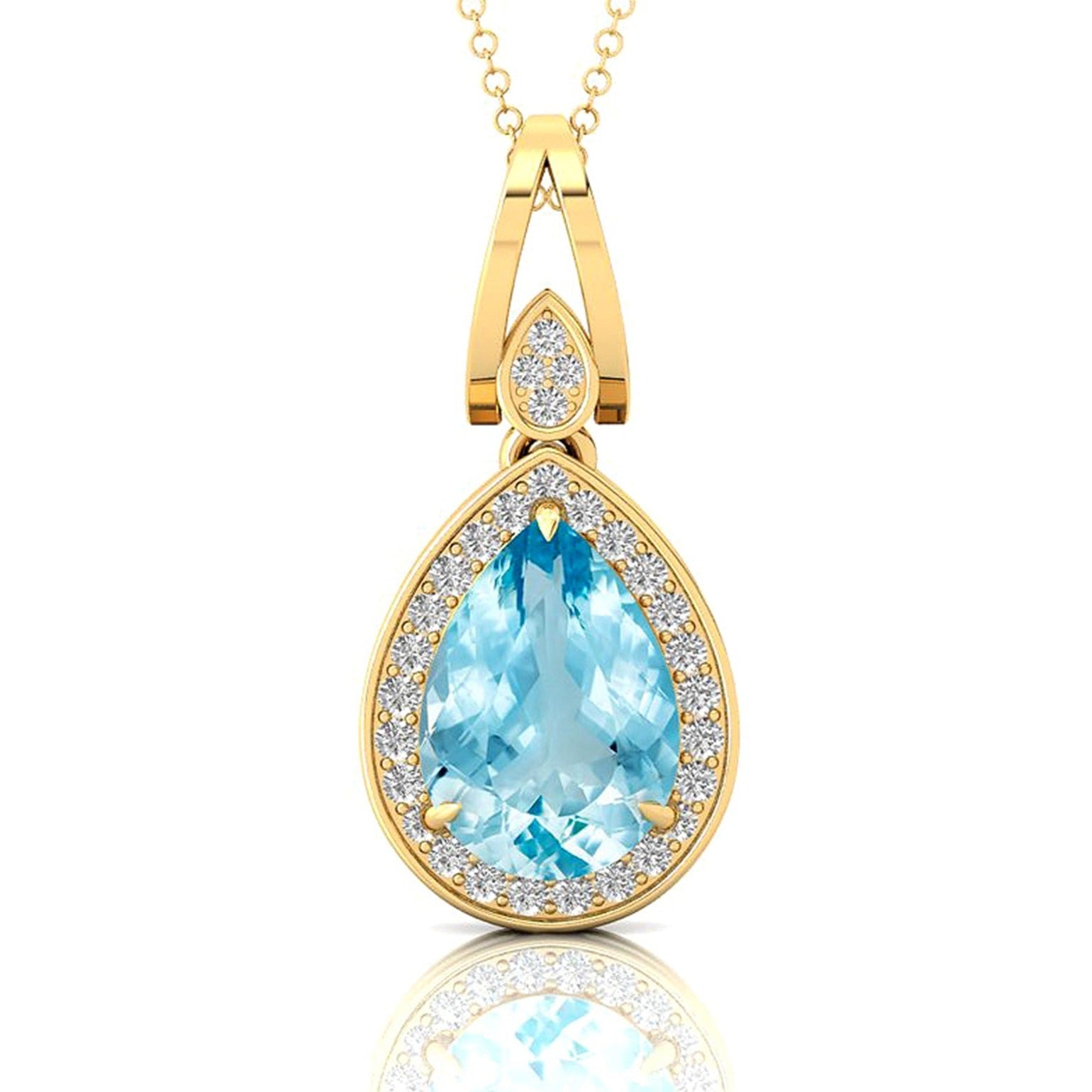 Classic Teardrop Shaped Aquamarine Halo Diamond Dangle Pendant - GeumJewels