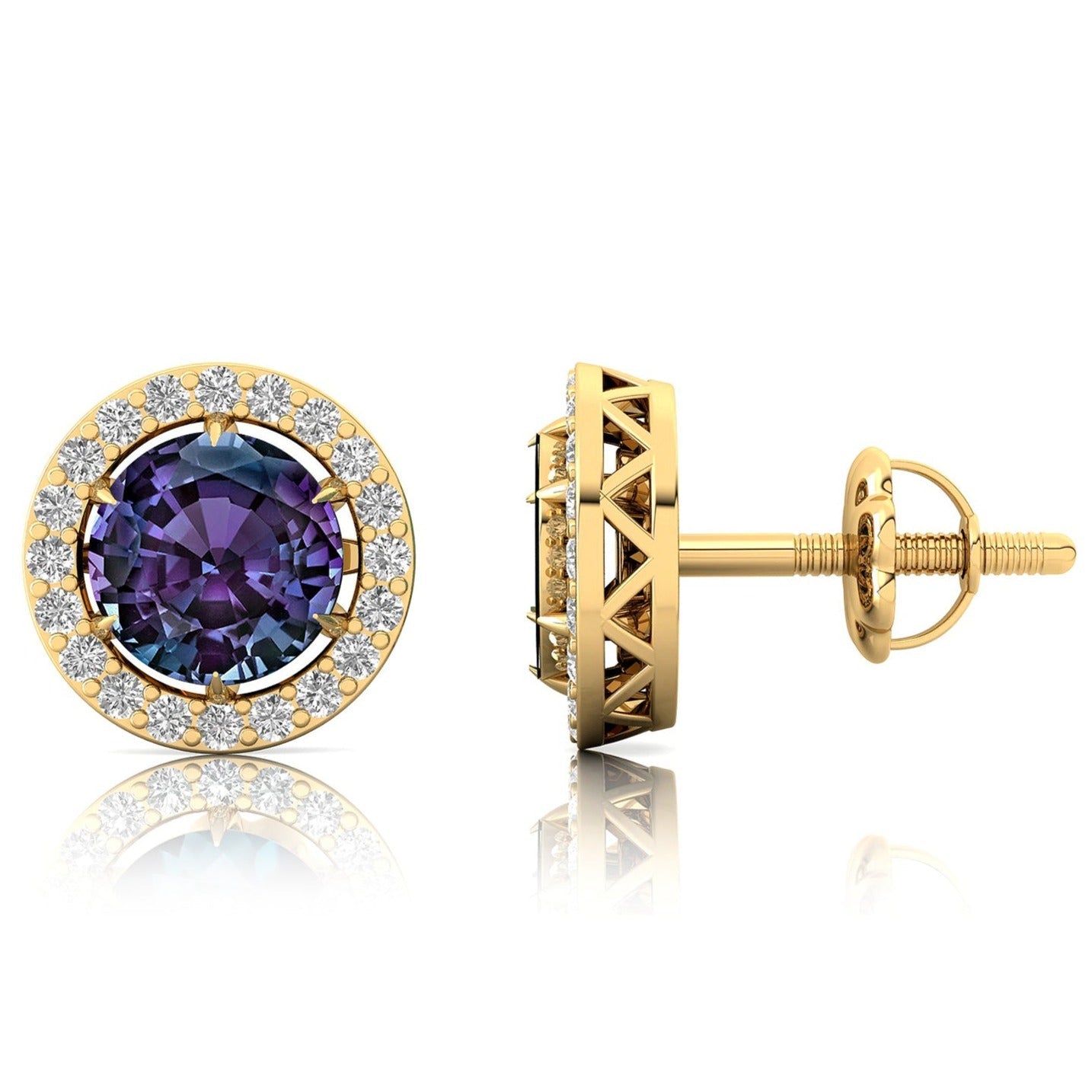 Round Solitaire Alexandrite Halo Diamond Stud Earrings - GeumJewels