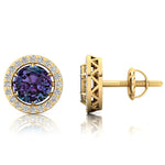 Round Solitaire Alexandrite Halo Diamond Stud Earrings - GeumJewels